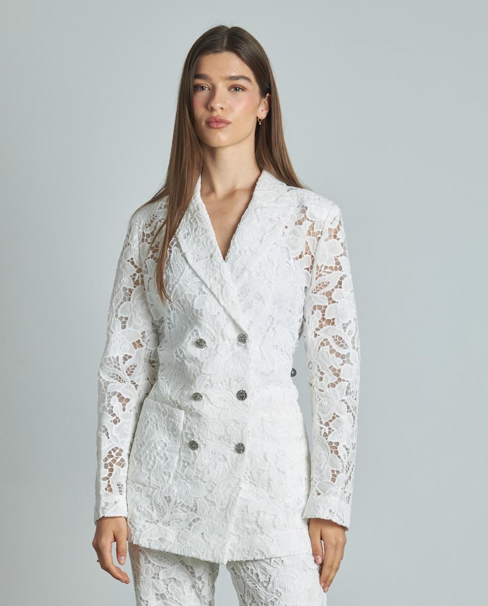 Blazer de Renda com Gola de Lapela Branco-3