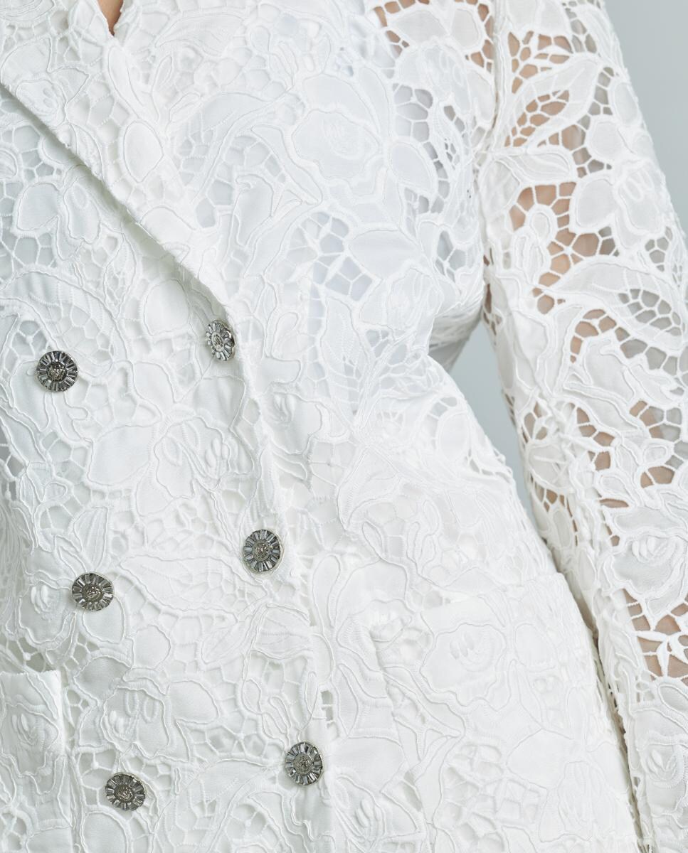 Blazer de Renda com Gola de Lapela Branco-4