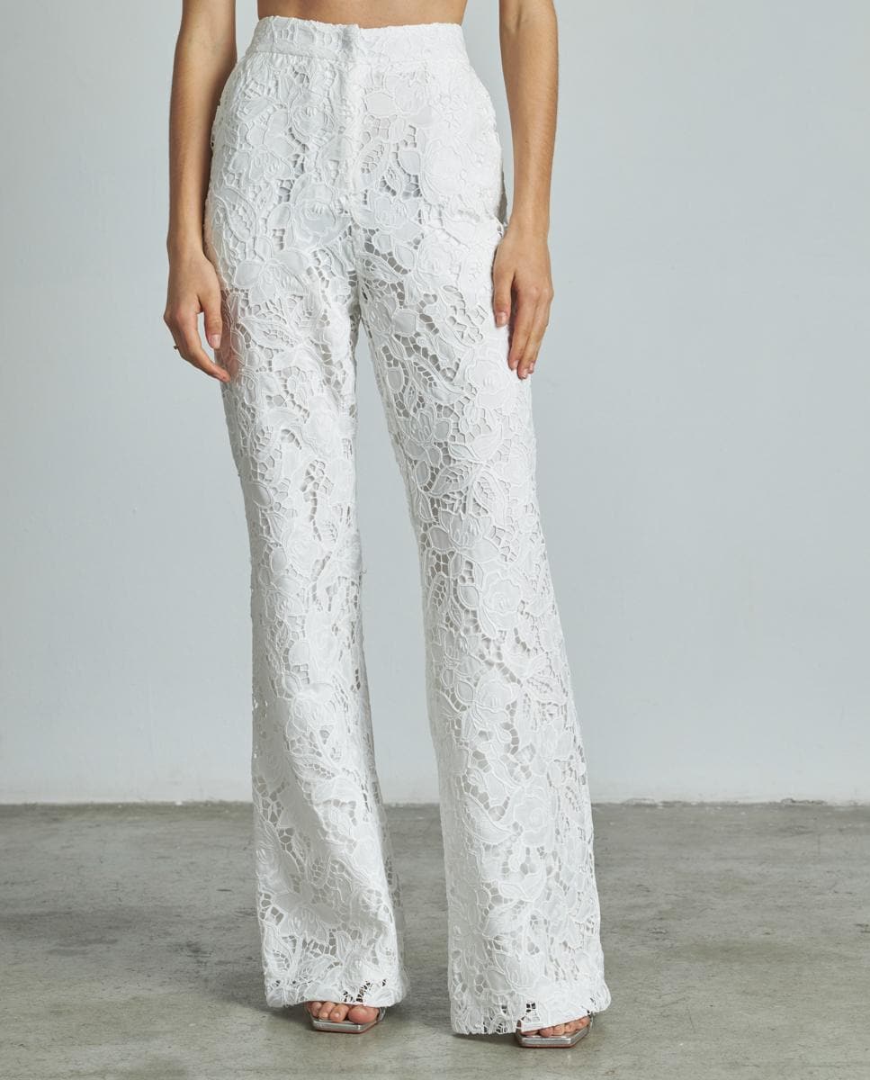 Calças com Corte a Direito de Cintura Subida e Renda Branco-1