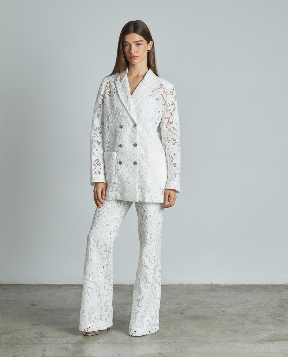 Calças com Corte a Direito de Cintura Subida e Renda Branco-2