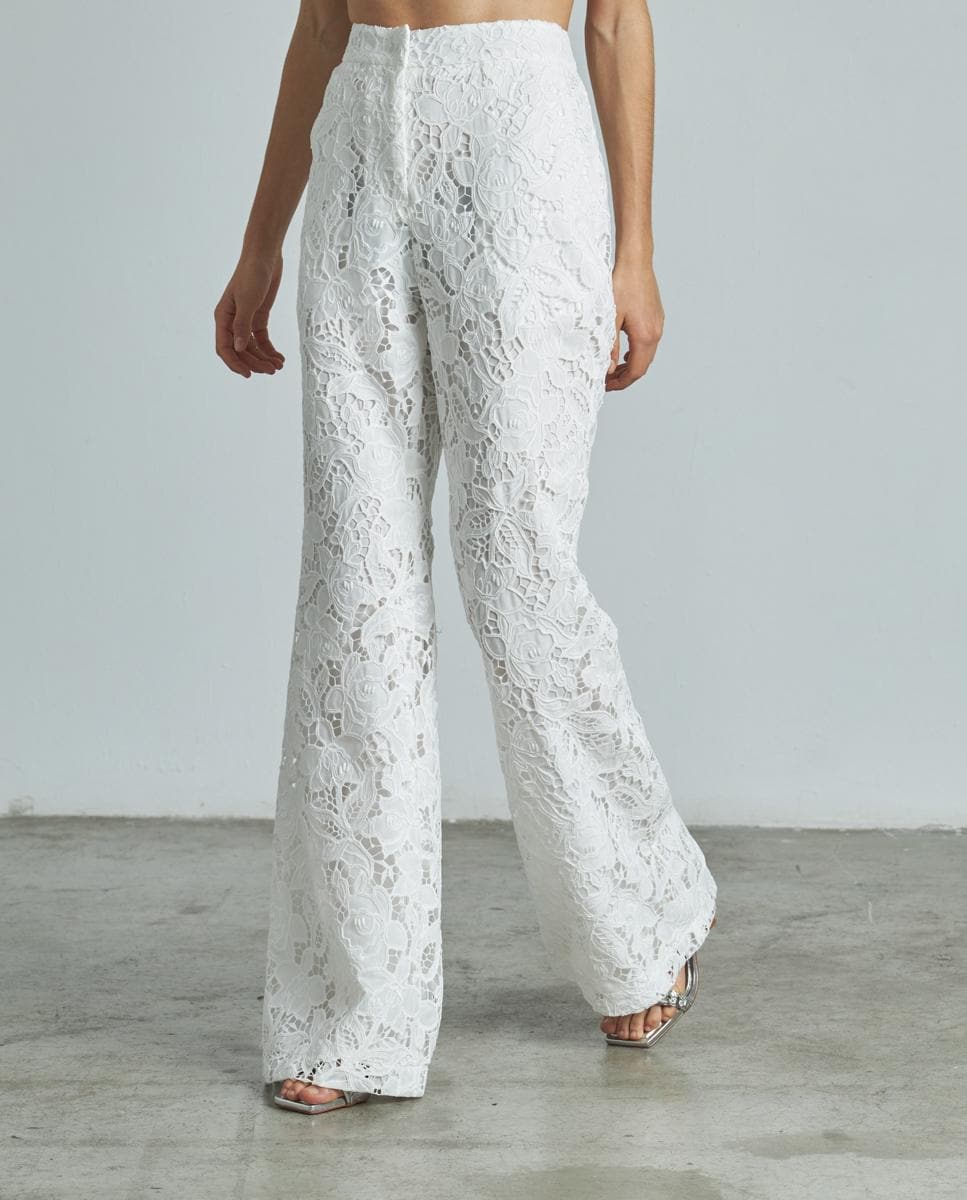 Calças com Corte a Direito de Cintura Subida e Renda Branco-3