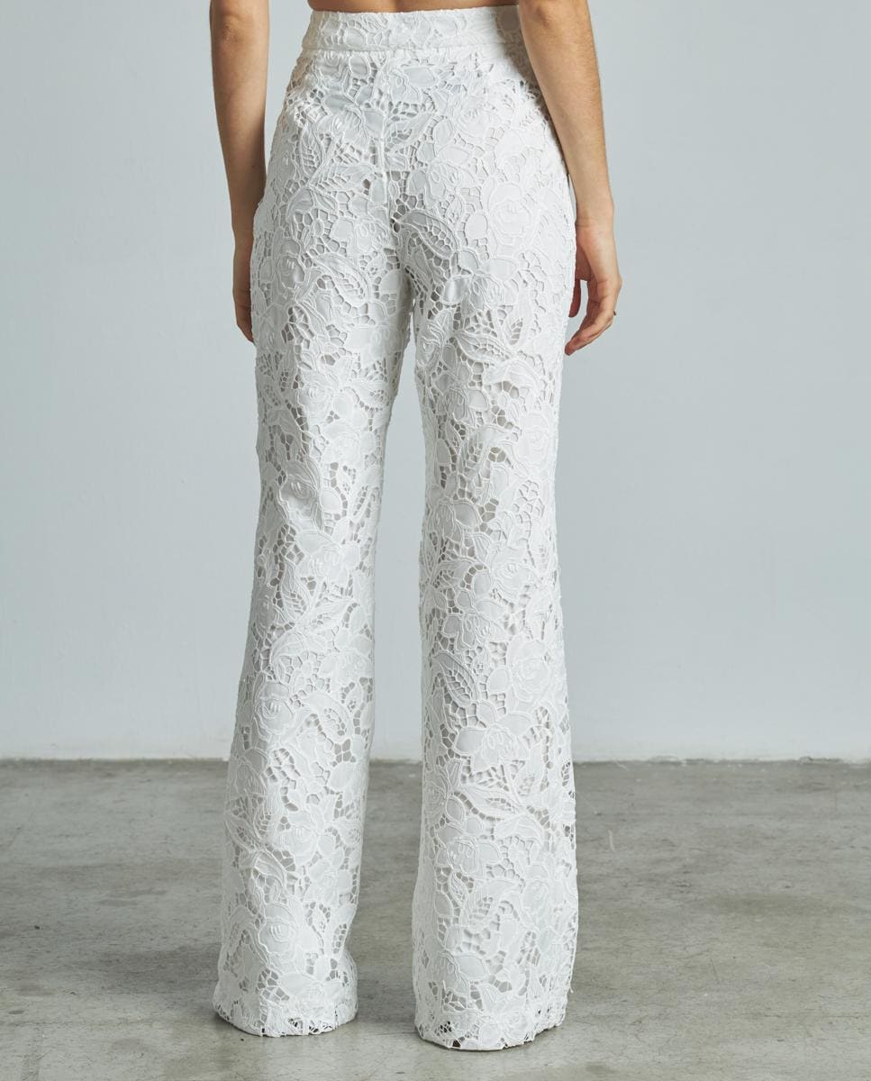 Calças com Corte a Direito de Cintura Subida e Renda Branco-5