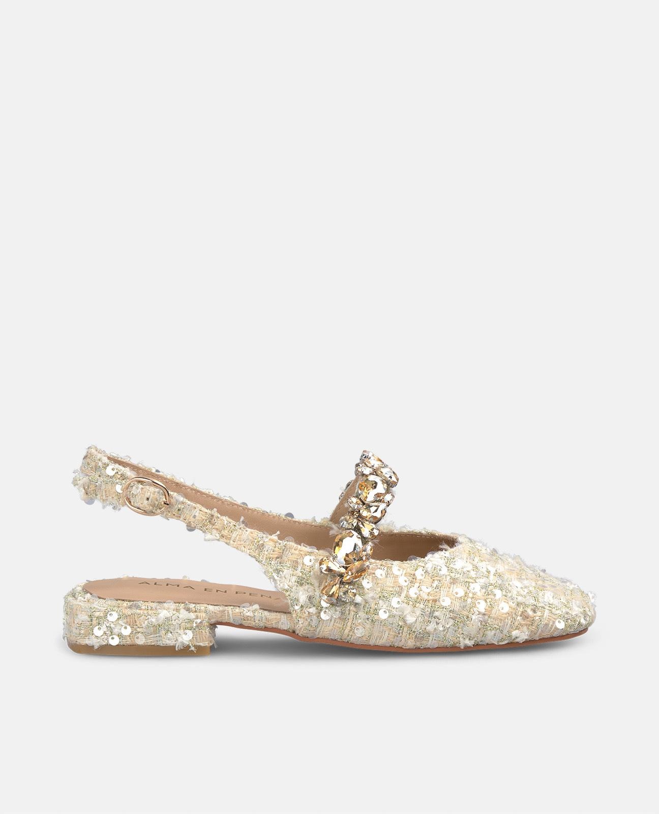 Sapatos de Salto com Calcanhar Aberto e Detalhe de Tira em Pedraria Ouro-1