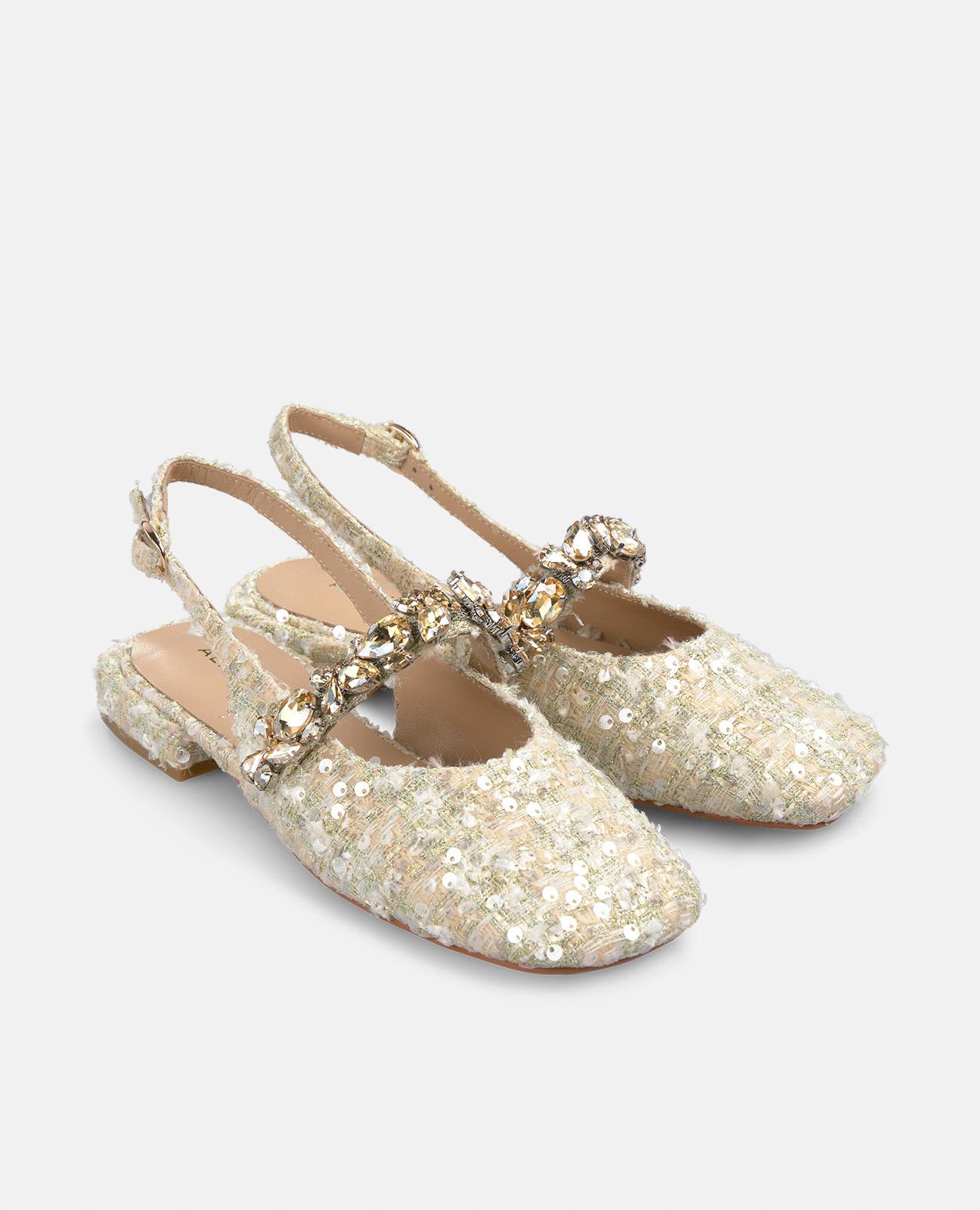 Sapatos de Salto com Calcanhar Aberto e Detalhe de Tira em Pedraria Ouro-2