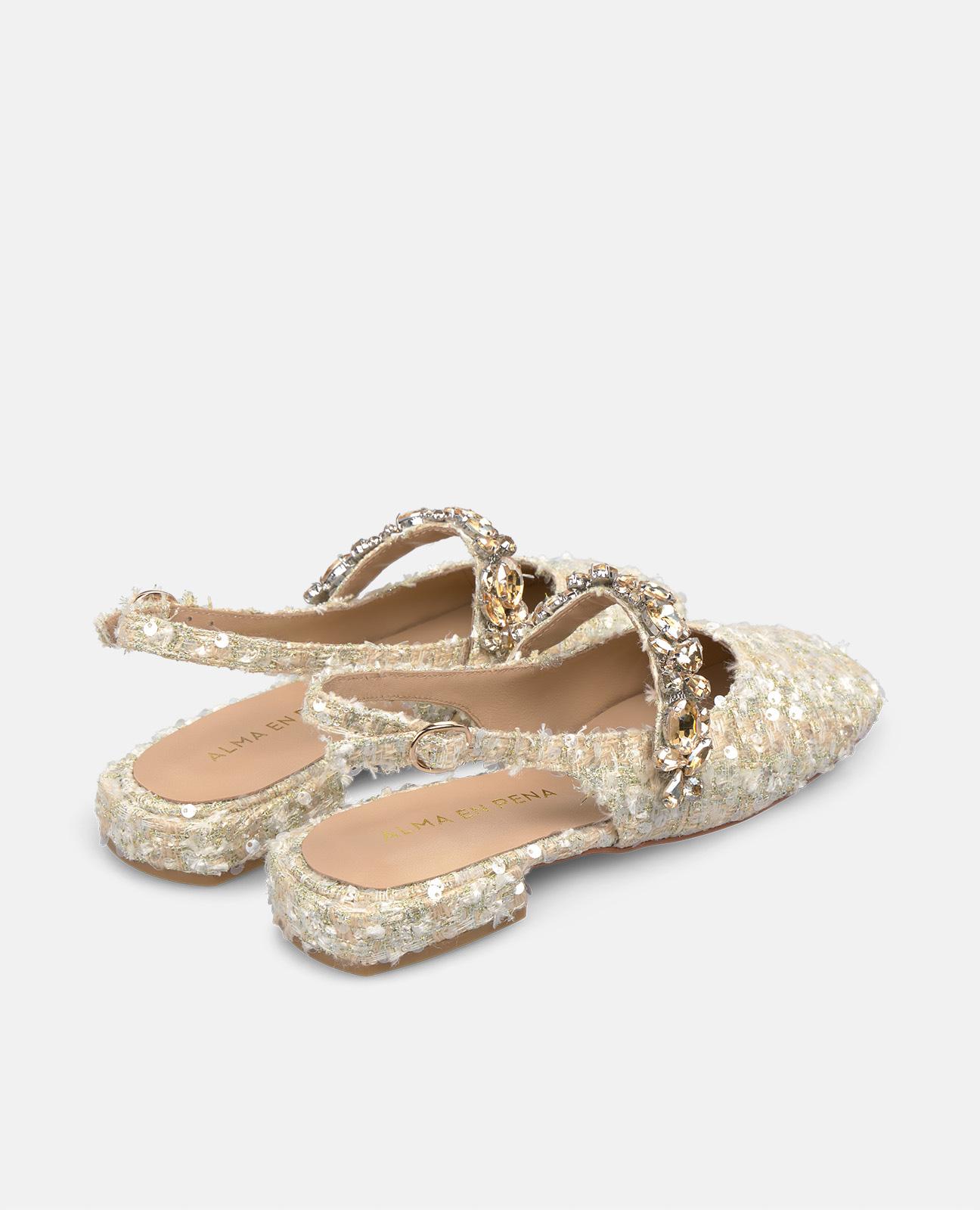 Sapatos de Salto com Calcanhar Aberto e Detalhe de Tira em Pedraria Ouro-3