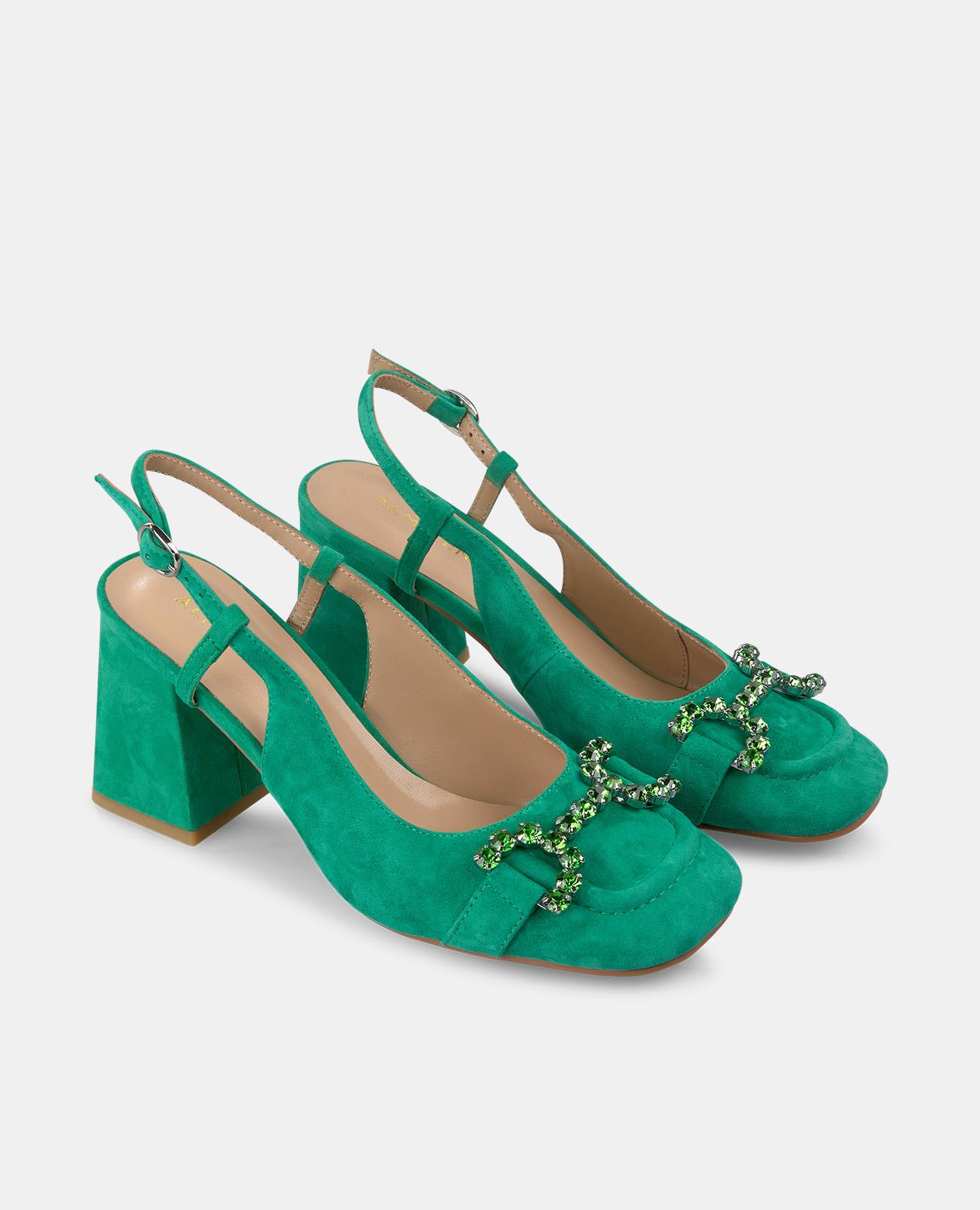 Sapatos de Salto com Biqueira Redonda e Detalhe de Pedraria Verde-2
