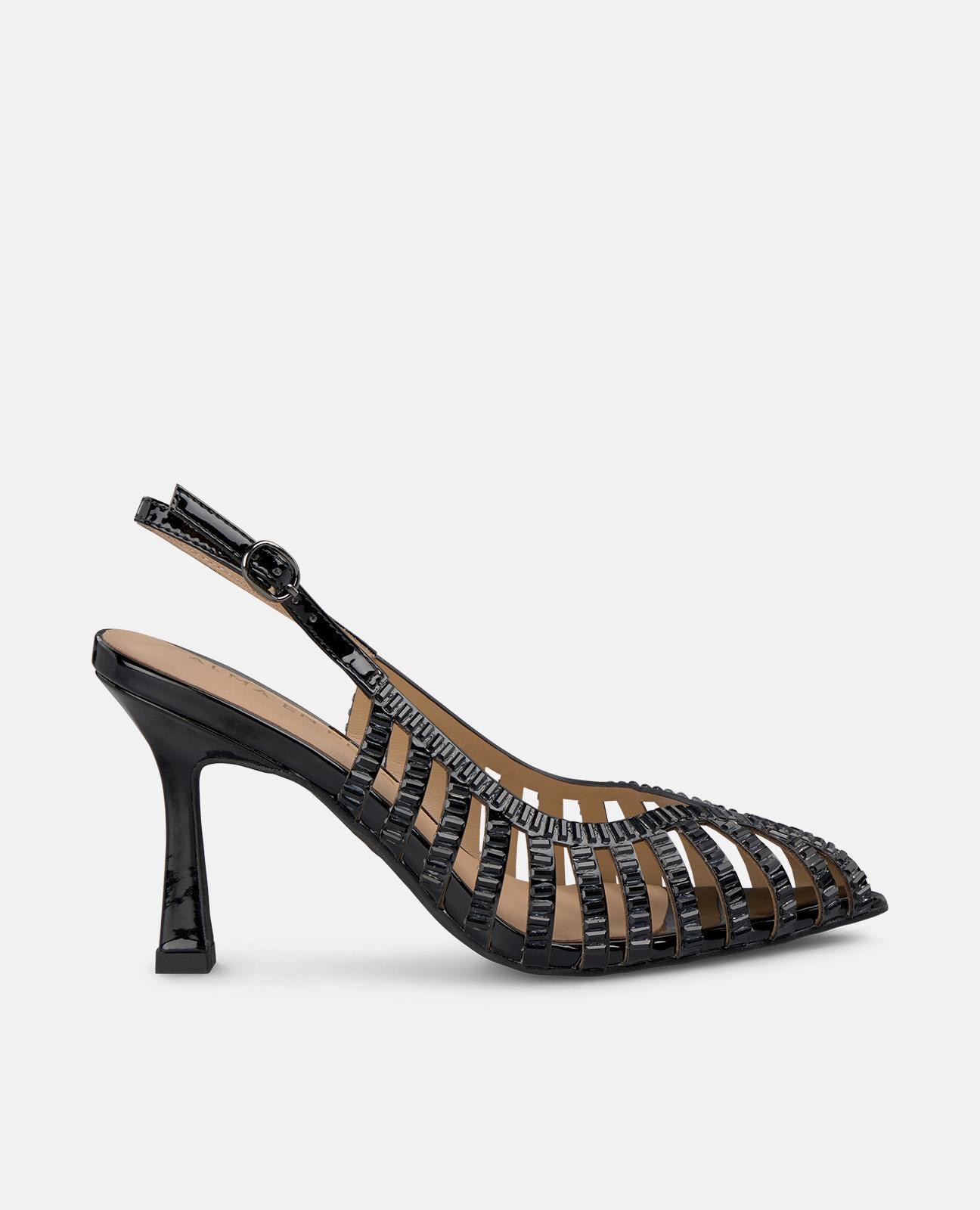 Sapatos de Salto com Pedraria Efeito Cristal e Fecho com Fivela Preto-1