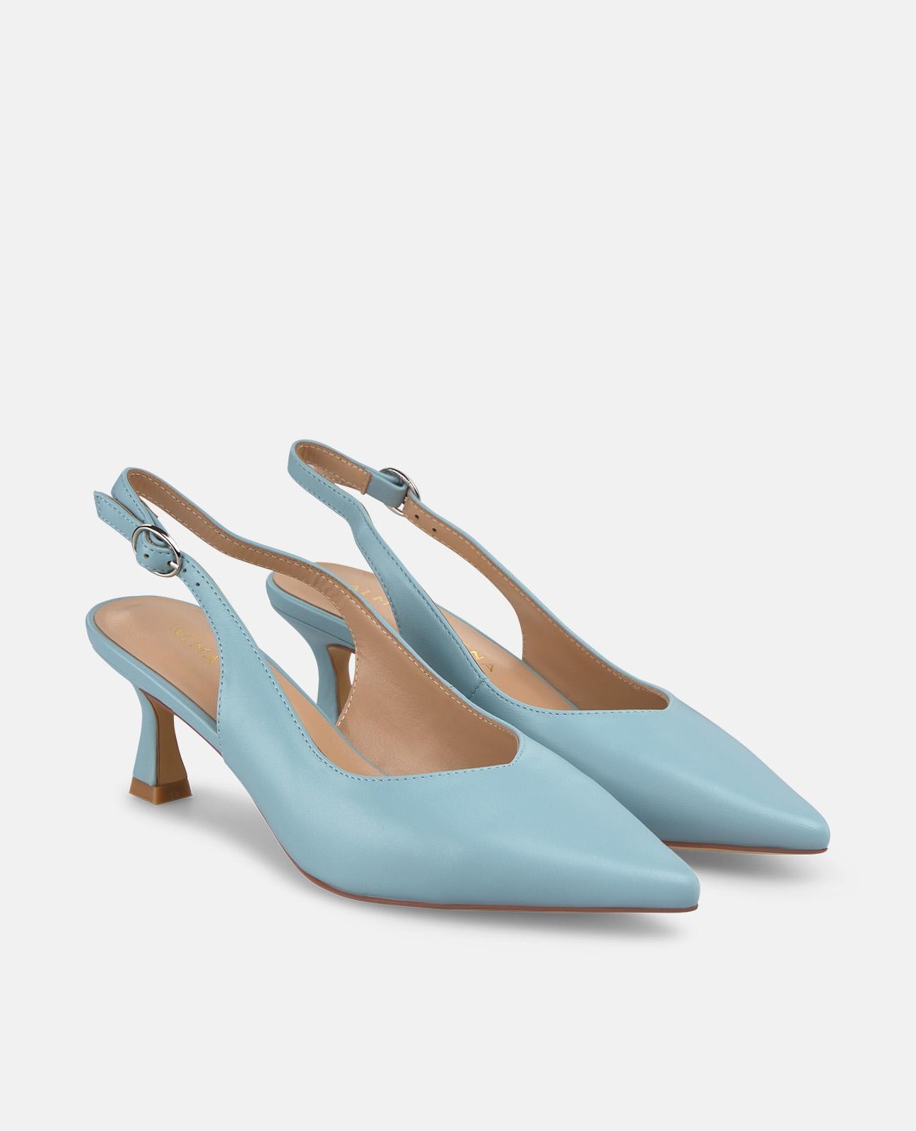 Sapatos de Salto em Pele com o Calcanhar Aberto e Fecho de Fivela Azul-2