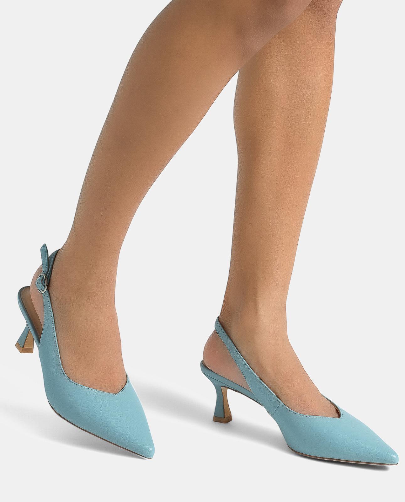 Sapatos de Salto em Pele com o Calcanhar Aberto e Fecho de Fivela Azul-4