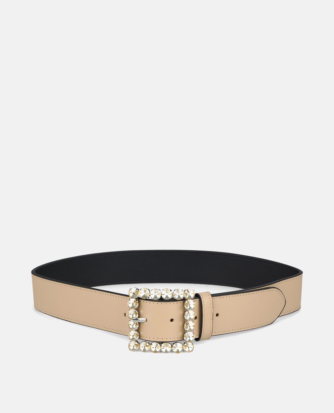Cinto de Pele com Fivela Quadrada e Detalhes de Pedraria Bege-1