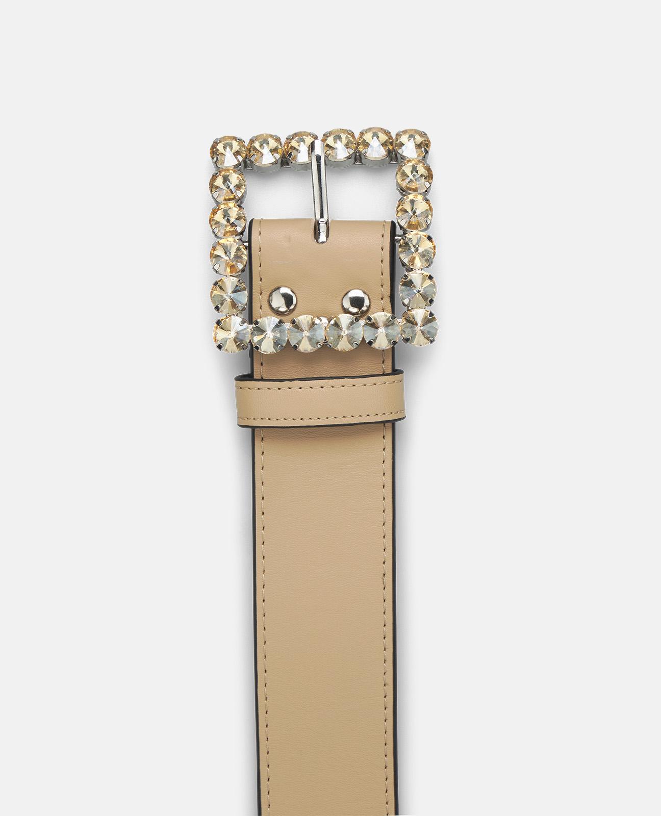 Cinto de Pele com Fivela Quadrada e Detalhes de Pedraria Bege-4