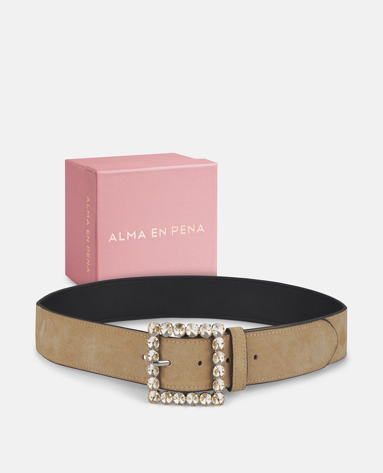 Cinto de Pele com Fivela Quadrada e Detalhes de Pedraria Bege-5