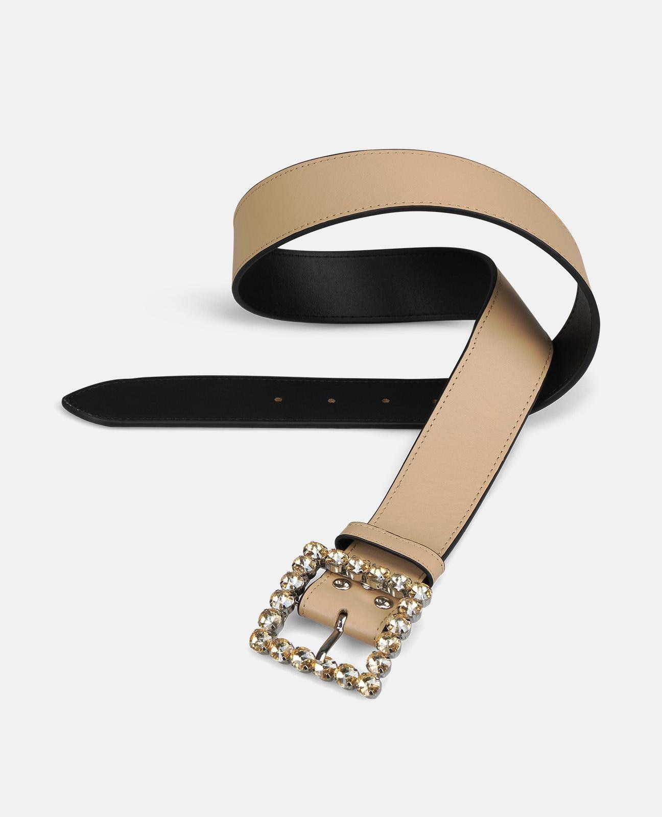 Cinto de Pele com Fivela Quadrada e Detalhes de Pedraria Bege-2