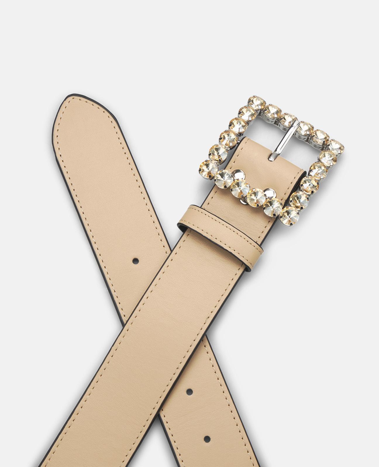 Cinto de Pele com Fivela Quadrada e Detalhes de Pedraria Bege-3