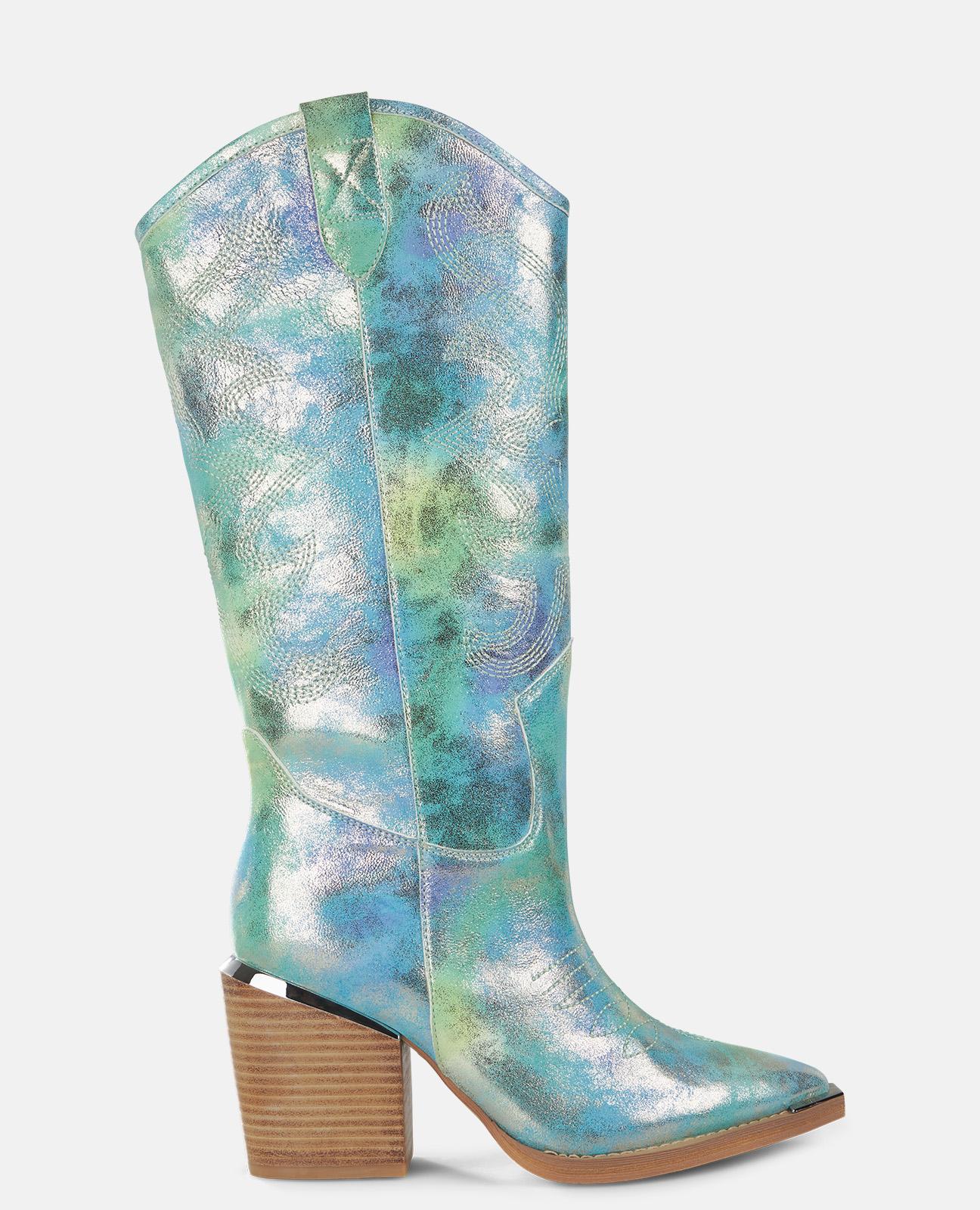 Botas Básicas de Pele Estilo Cowboy com Biqueira Afiada Turquesa-1