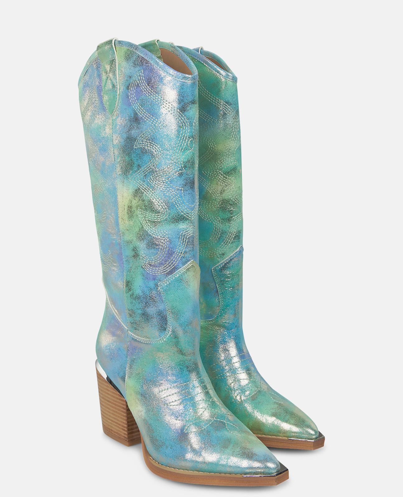 Botas Básicas de Pele Estilo Cowboy com Biqueira Afiada Turquesa-2