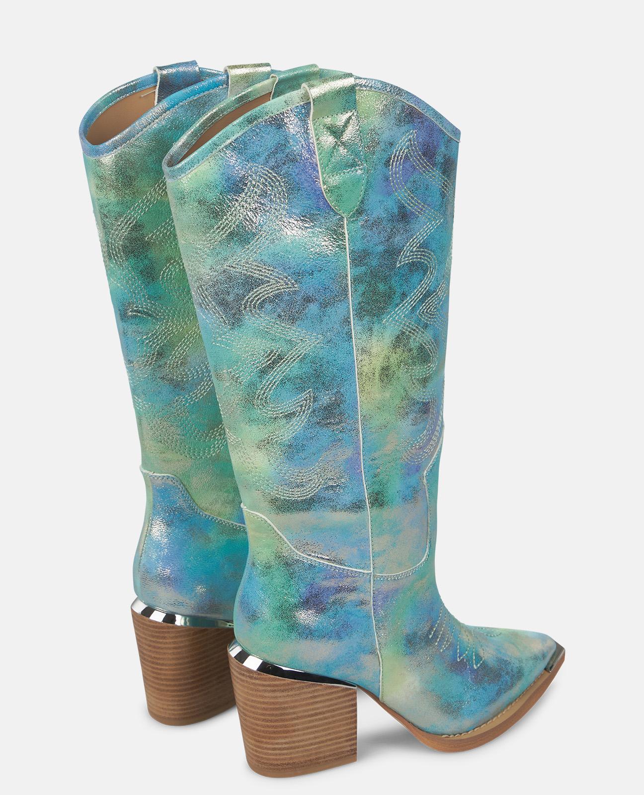 Botas Básicas de Pele Estilo Cowboy com Biqueira Afiada Turquesa-3
