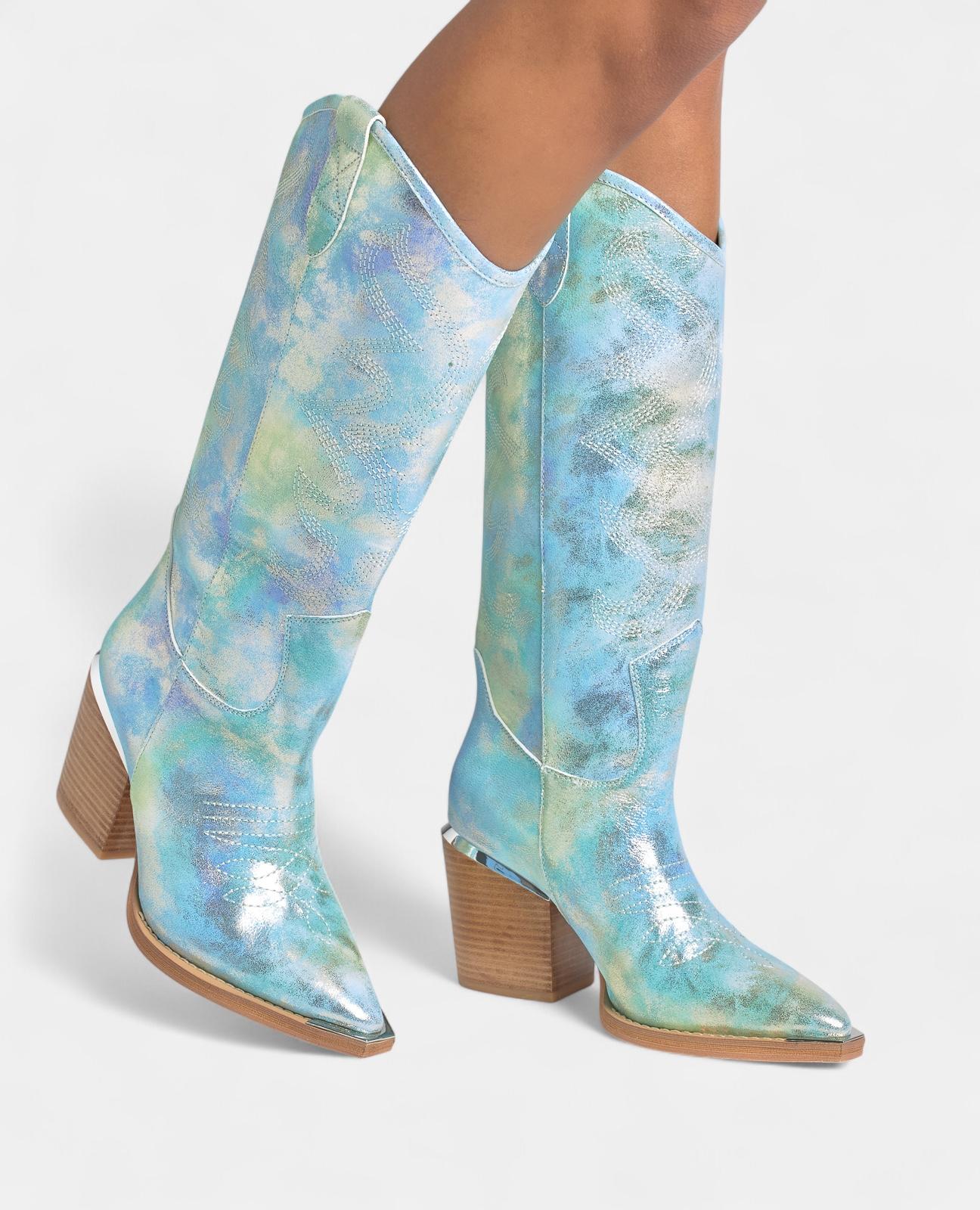 Botas Básicas de Pele Estilo Cowboy com Biqueira Afiada Turquesa-4