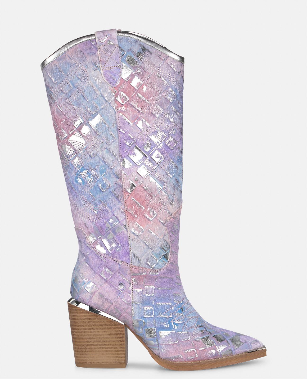 Botas Básicas de Pele Estilo Cowboy com Biqueira Afiada Azul-1