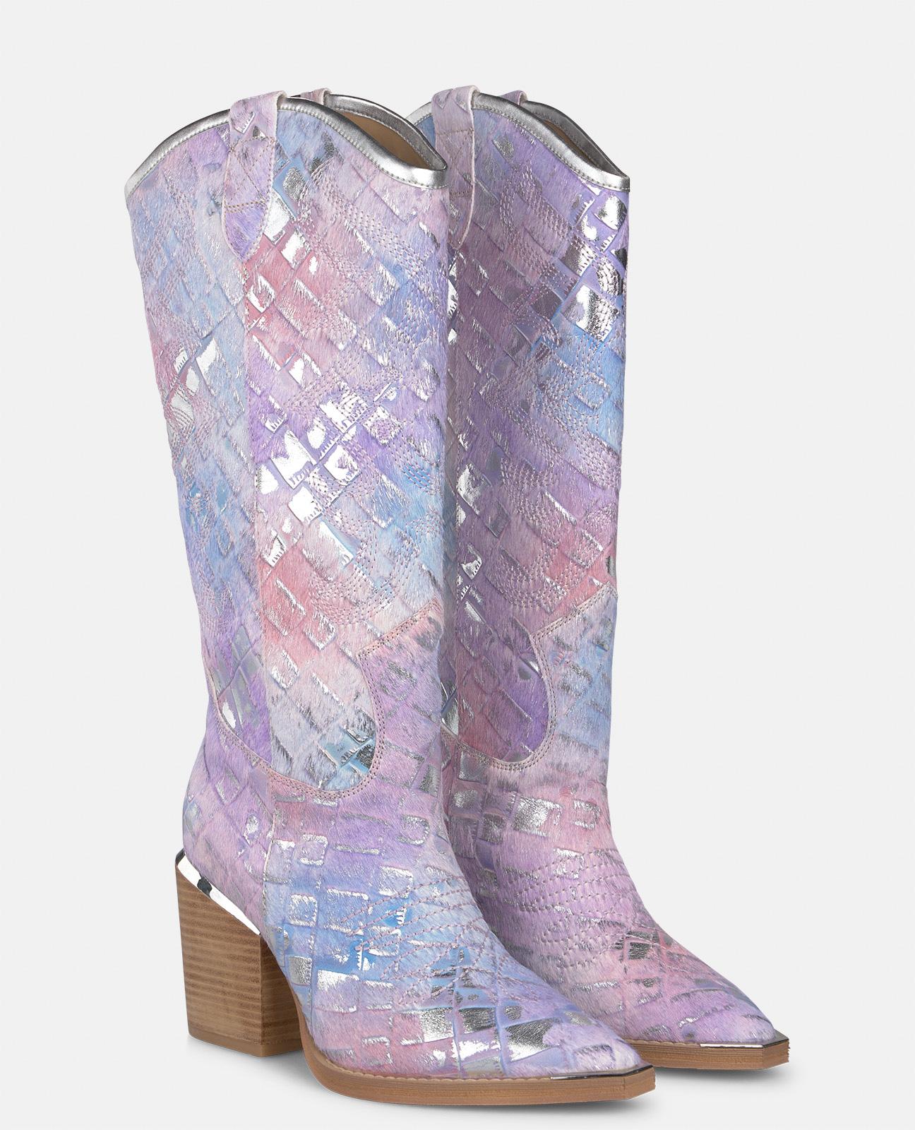 Botas Básicas de Pele Estilo Cowboy com Biqueira Afiada Azul-2