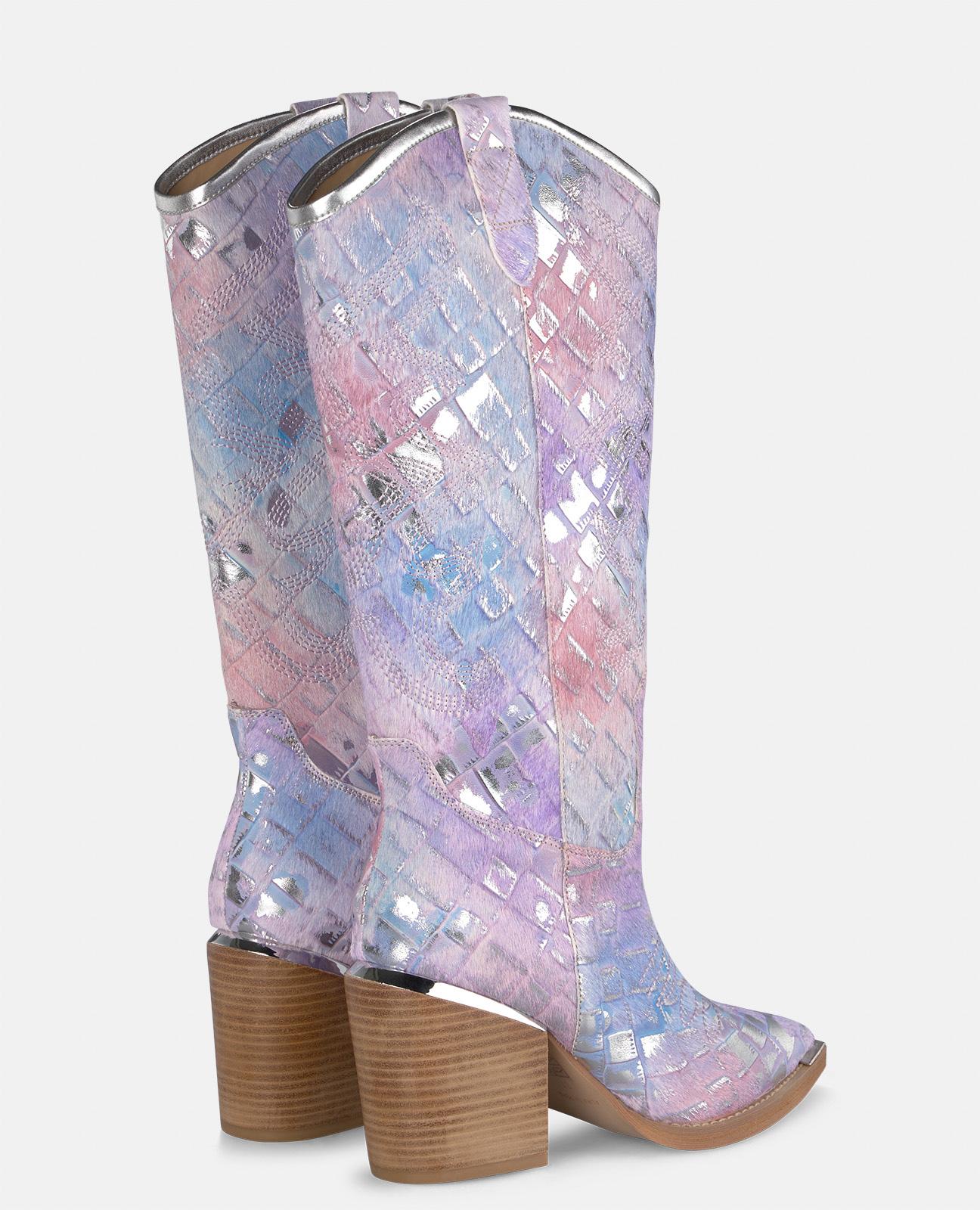 Botas Básicas de Pele Estilo Cowboy com Biqueira Afiada Azul-3