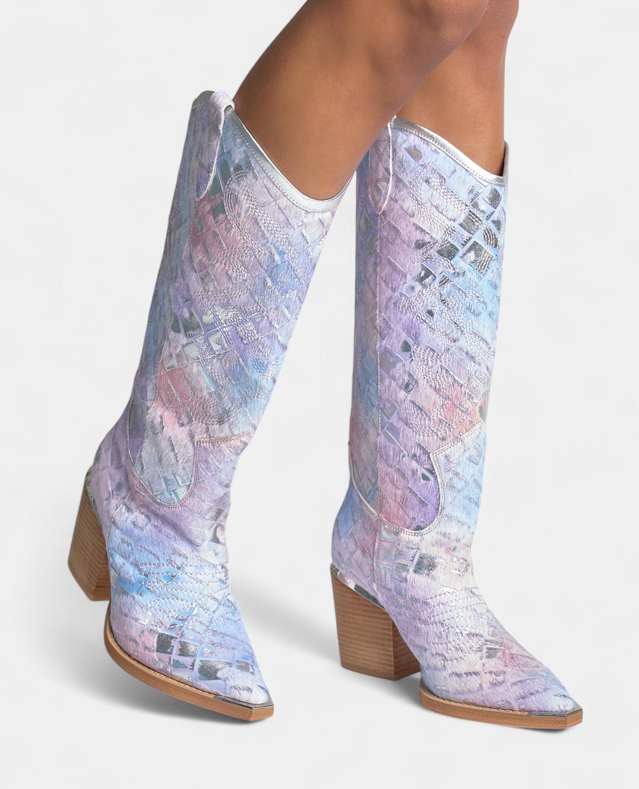 Botas Básicas de Pele Estilo Cowboy com Biqueira Afiada Azul-4