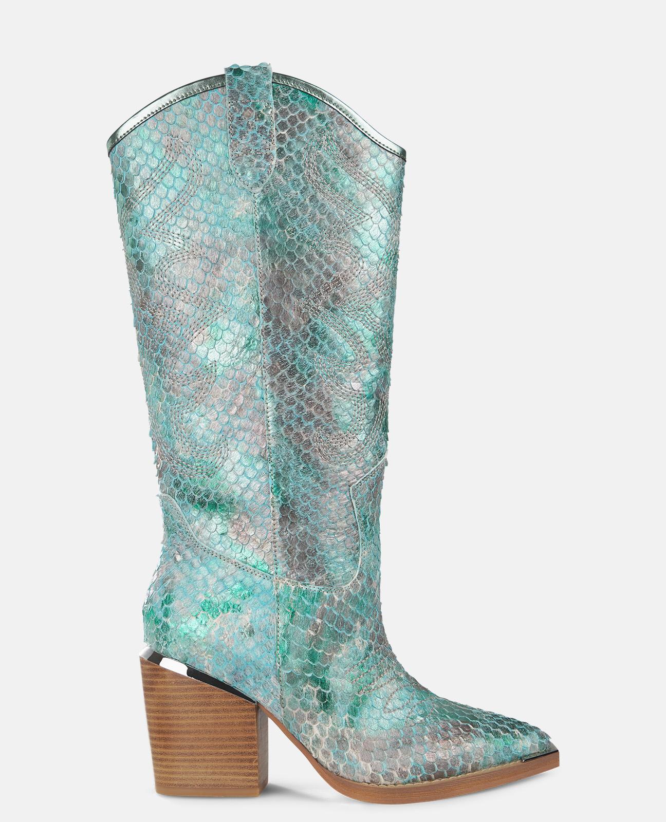 Botas Básicas de Pele Estilo Cowboy com Biqueira Afiada Turquesa-1
