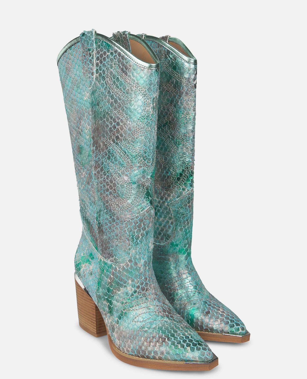 Botas Básicas de Pele Estilo Cowboy com Biqueira Afiada Turquesa-2