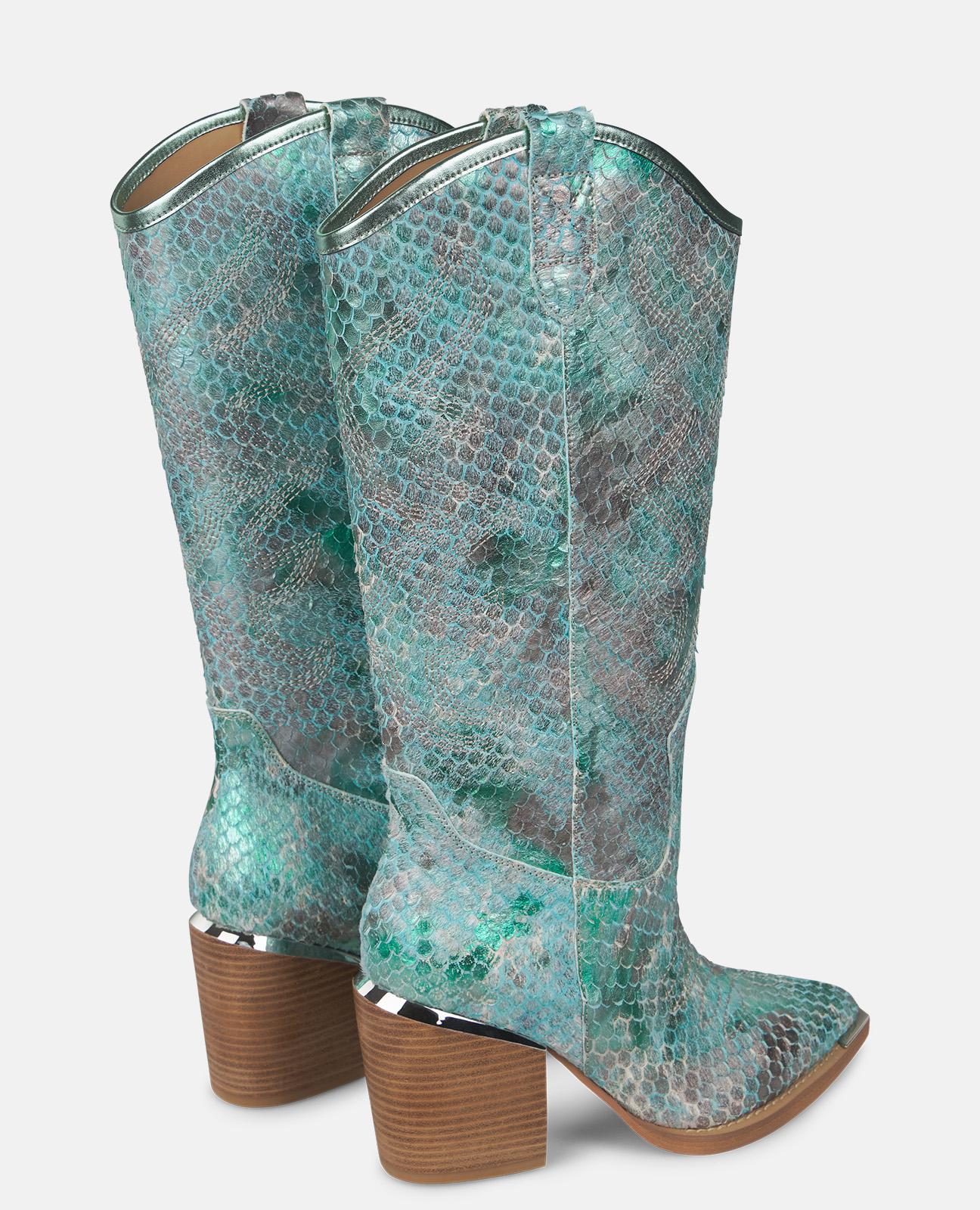 Botas Básicas de Pele Estilo Cowboy com Biqueira Afiada Turquesa-3