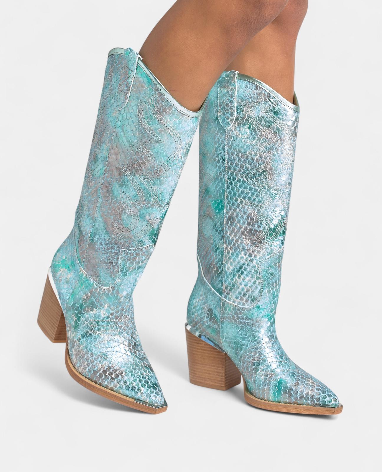 Botas Básicas de Pele Estilo Cowboy com Biqueira Afiada Turquesa-4
