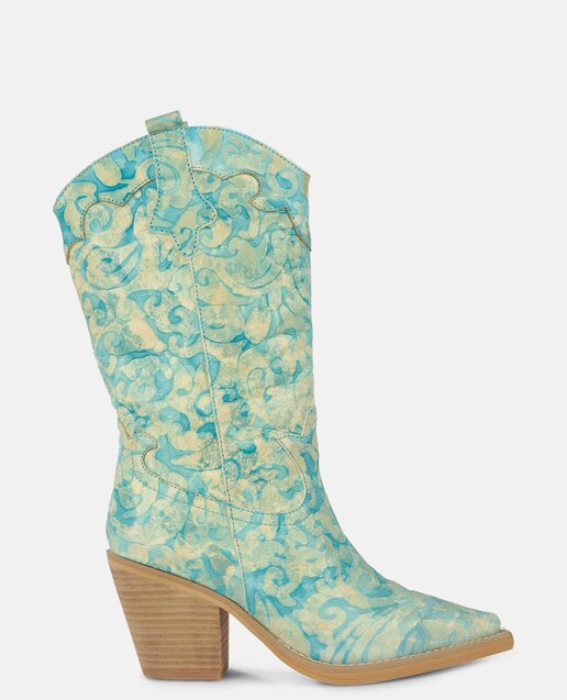 Imagem 0 de Botas de Pele Estilo Cowboy com Detalhes Bordados e Biqueira Afiada