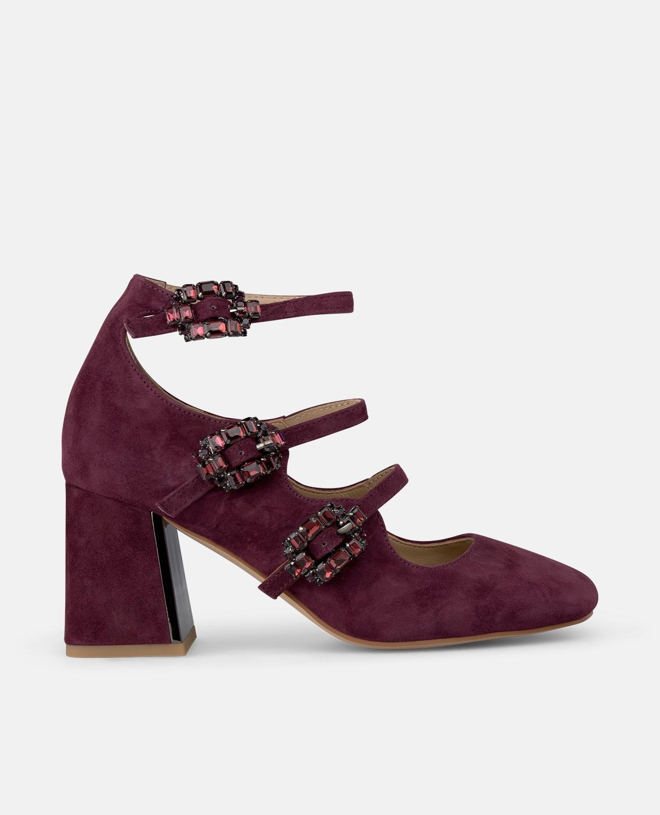 Sapatos de Salto com Fivelas Joia e Biqueira Quadrada Bordeaux-1