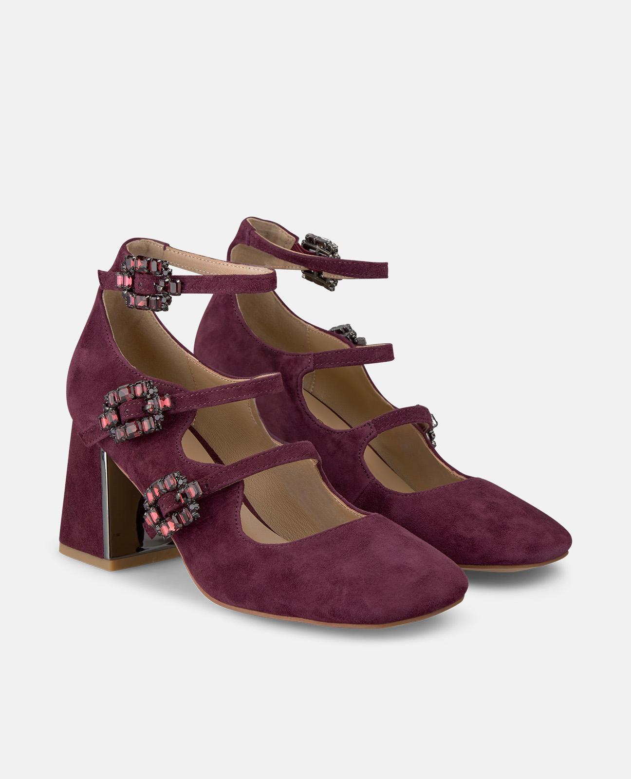 Sapatos de Salto com Fivelas Joia e Biqueira Quadrada Bordeaux-2