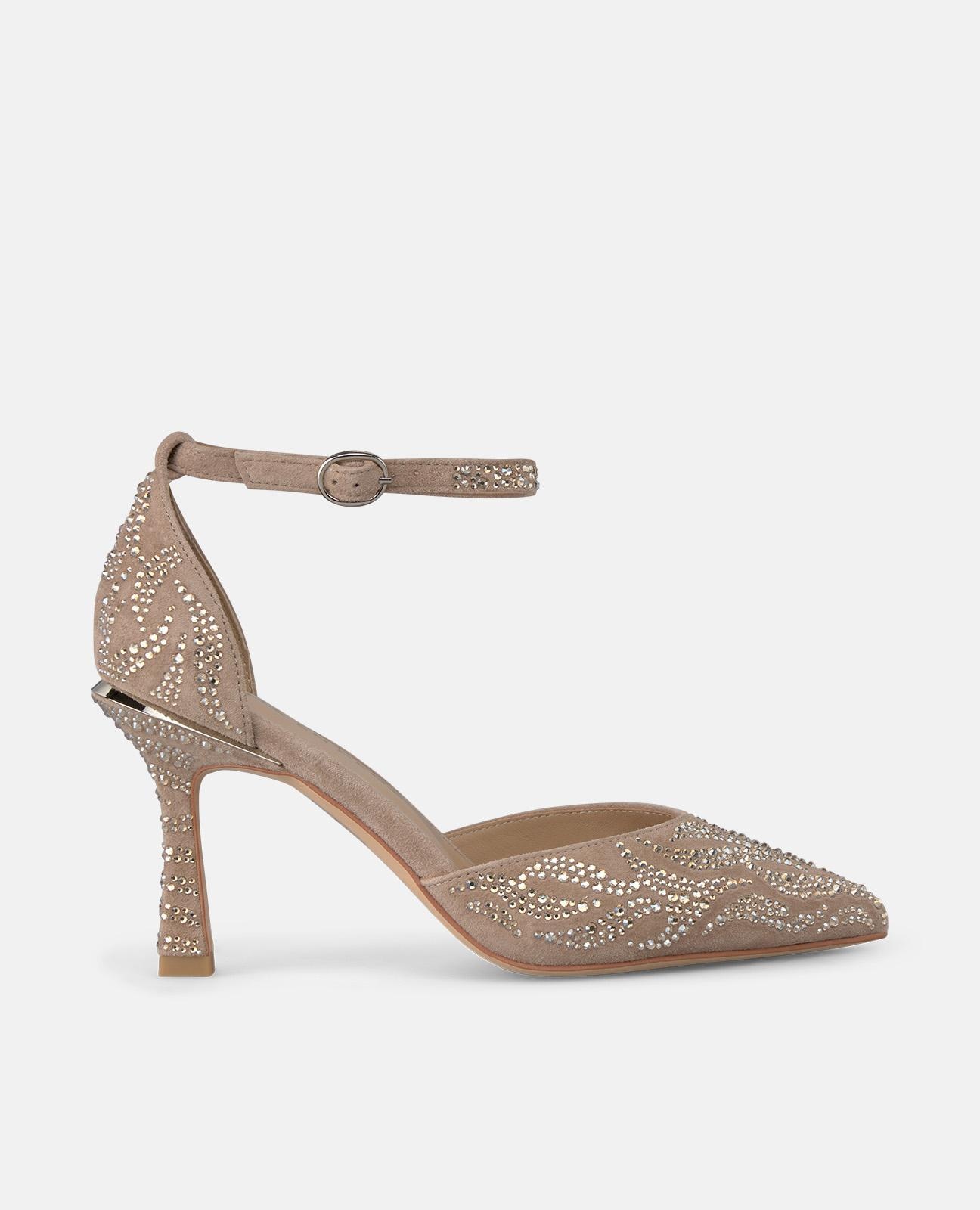 Sapatos de Salto com Detalhes de Pedraria e Biqueira Afiada Bege-1