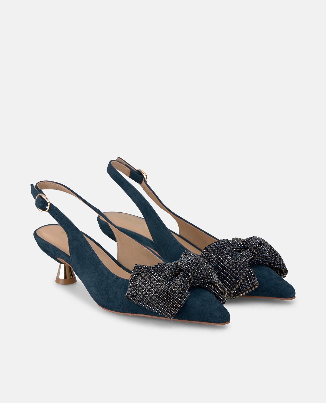 Sapatos de Salto com Laço de Pedraria e Biqueira Pontiaguda Azul-marinho-2