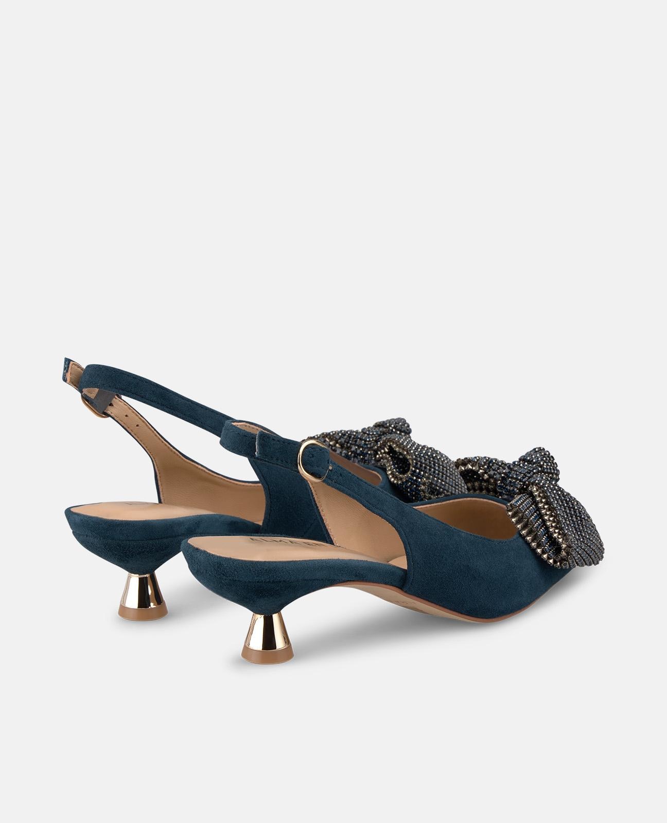 Sapatos de Salto com Laço de Pedraria e Biqueira Pontiaguda Azul-marinho-3