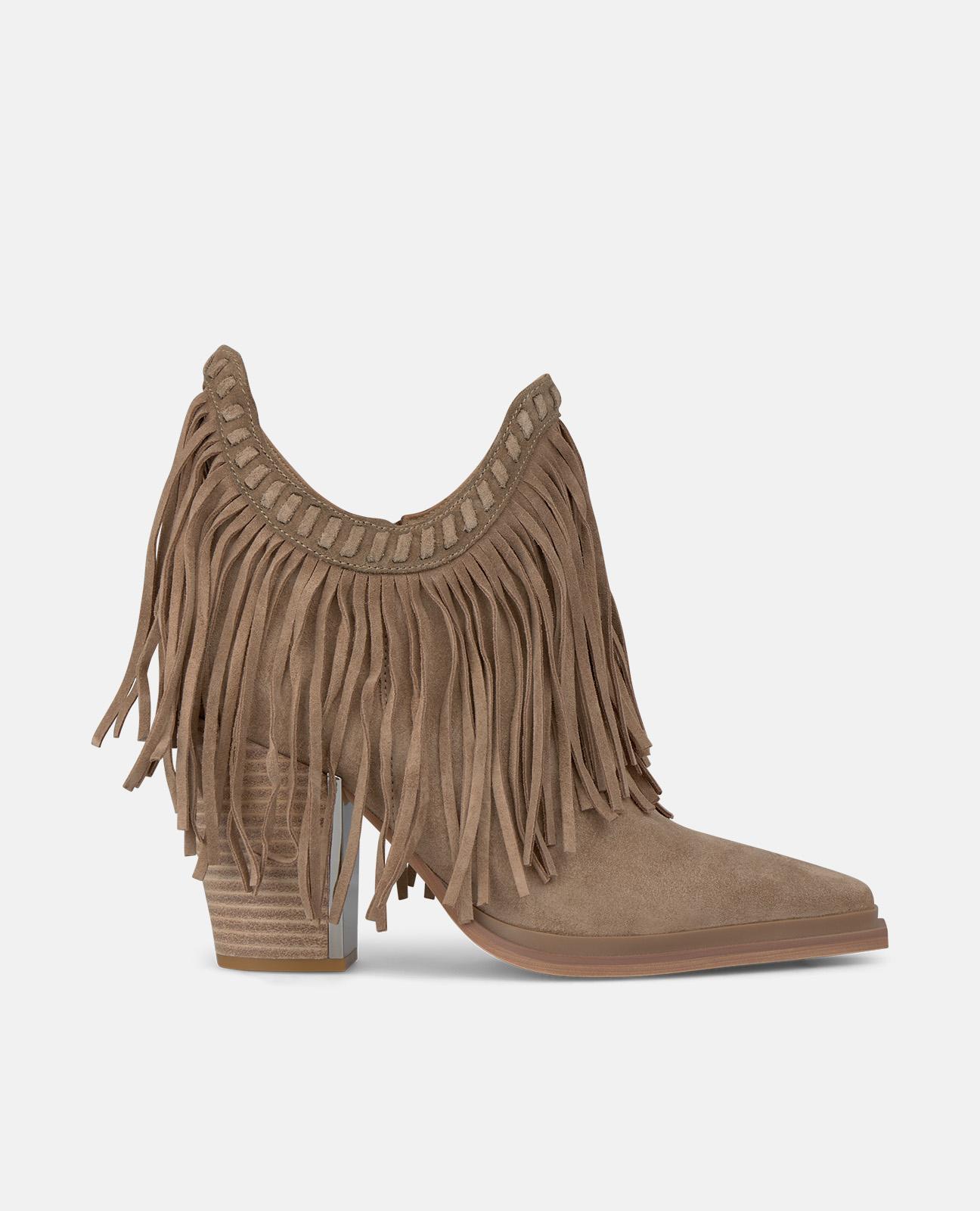 Botins Básicos com Salto Largo e Franjas com Fecho Zip Bege-1
