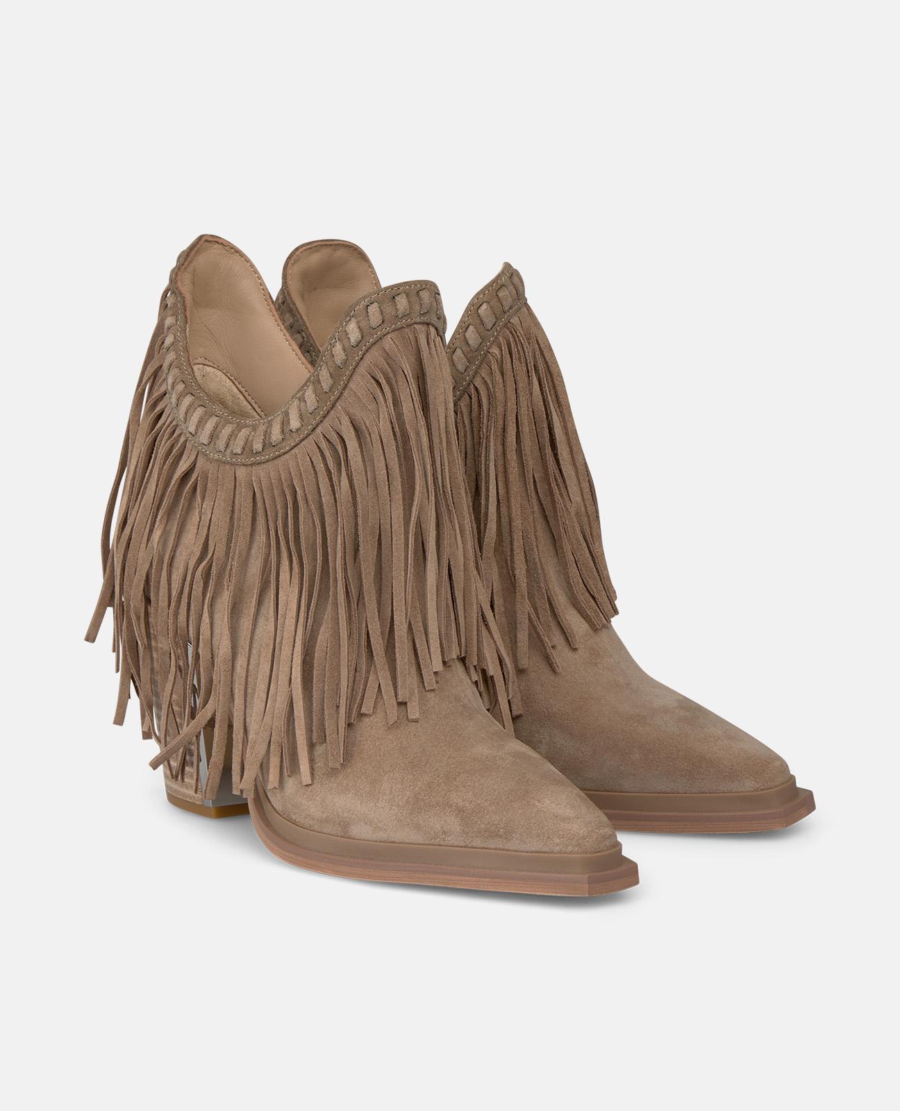 Botins Básicos com Salto Largo e Franjas com Fecho Zip Bege-2