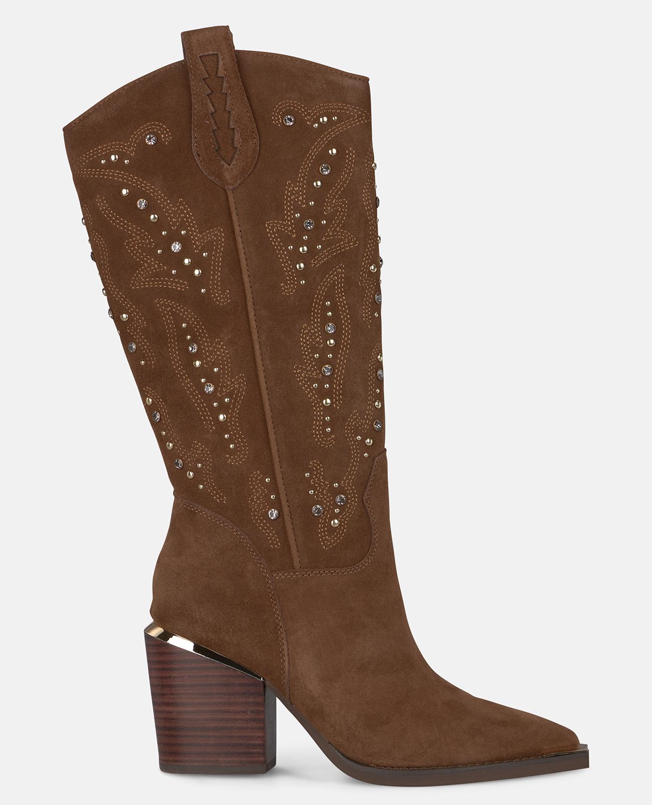 Botas Básicas de Salto Largo com Bordado e Tachas Camel-1