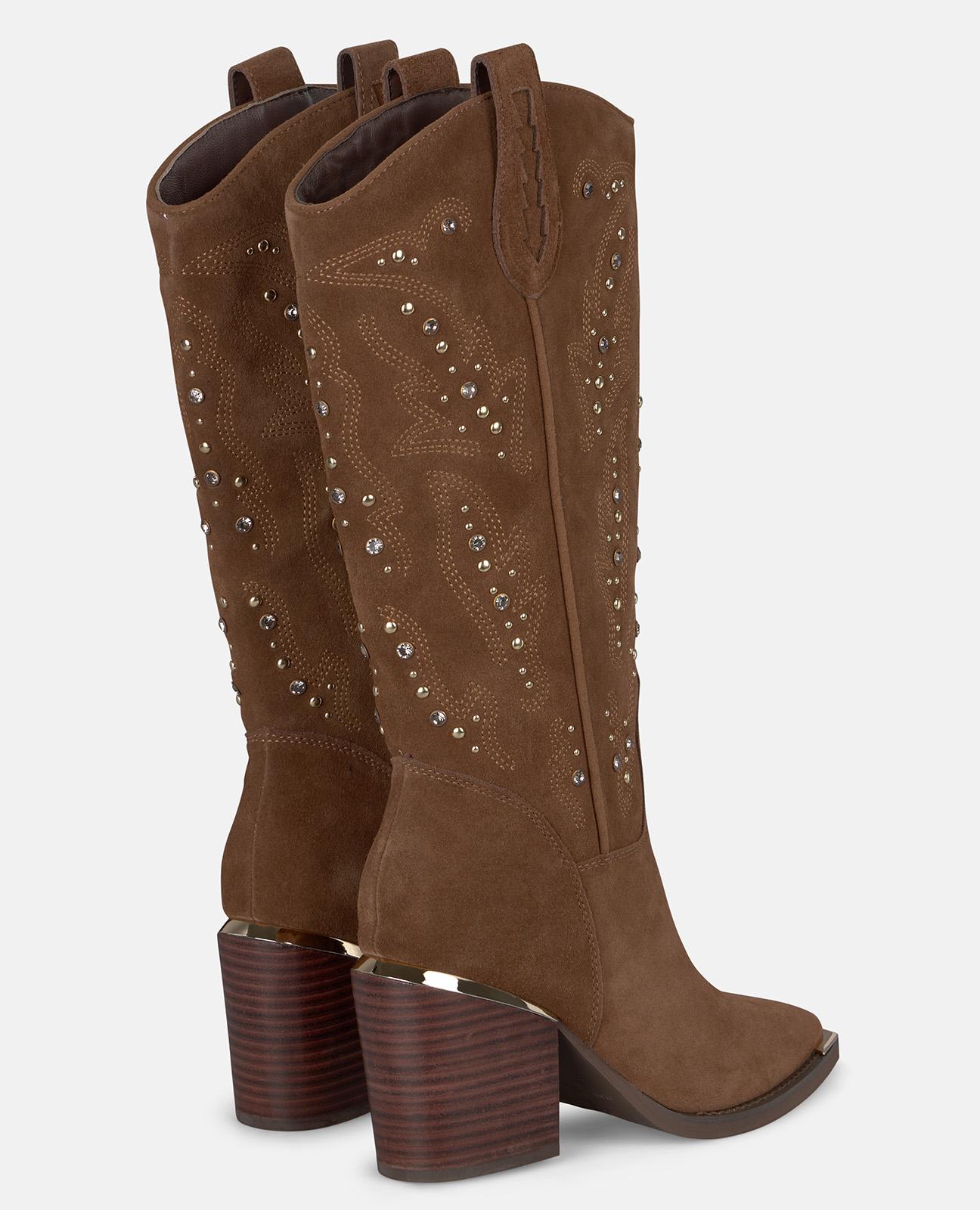 Botas Básicas de Salto Largo com Bordado e Tachas Camel-3