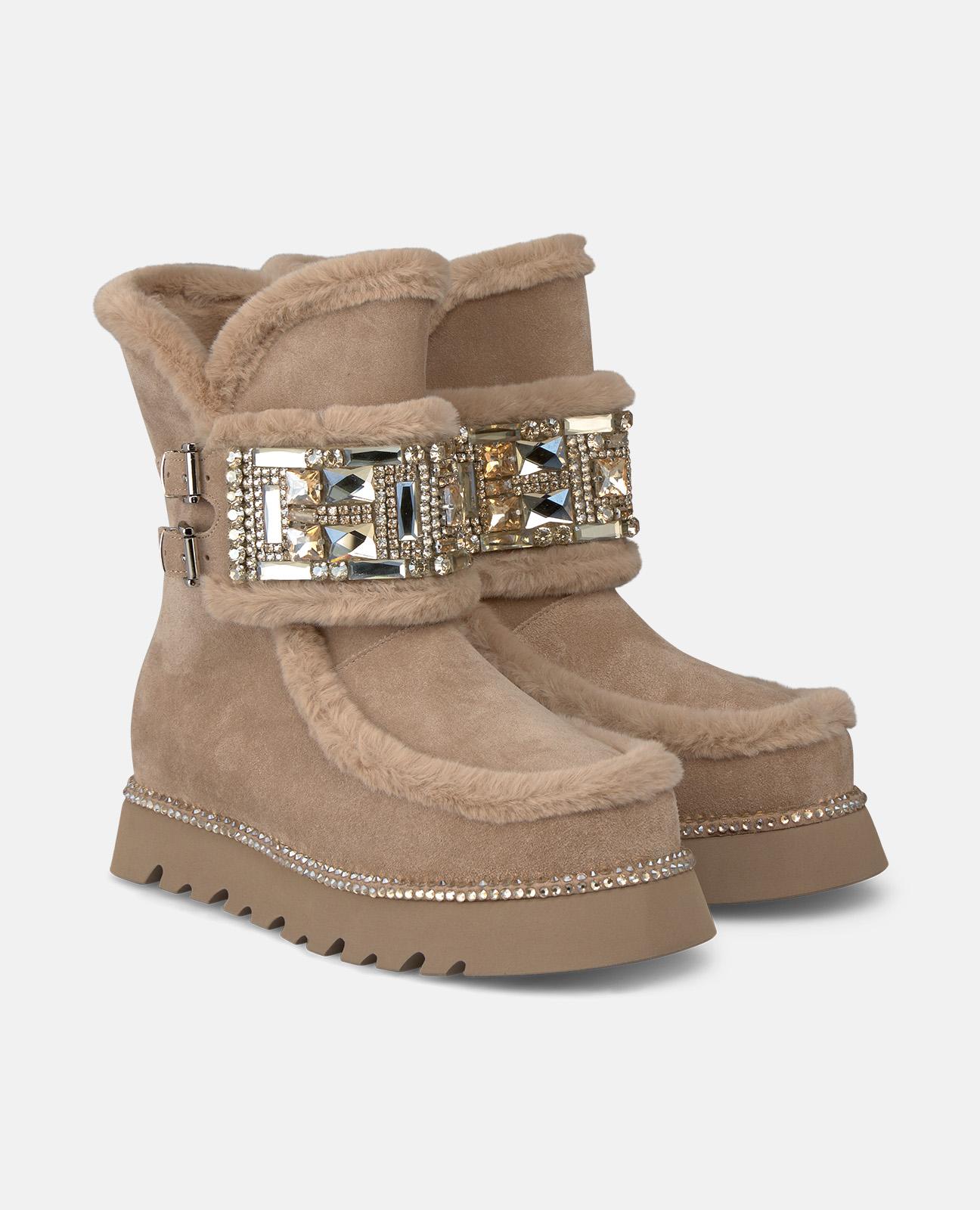 Botins Rasos de Pelo com Pedraria Bege-2