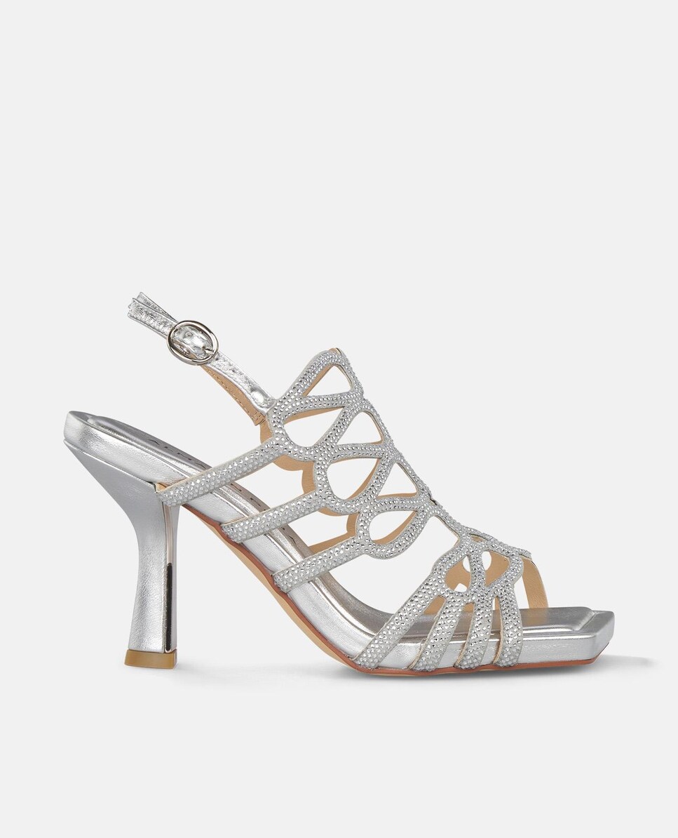 Sandálias de Salto com Tiras Entrelaçadas de Pedraria e Biqueira Quadrada Prata-1