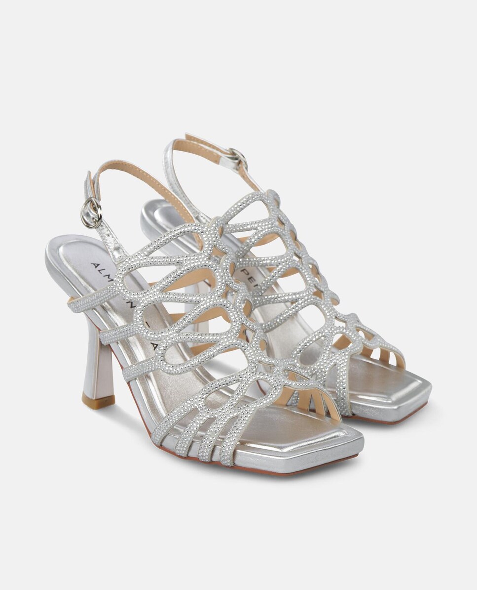 Sandálias de Salto com Tiras Entrelaçadas de Pedraria e Biqueira Quadrada Prata-2