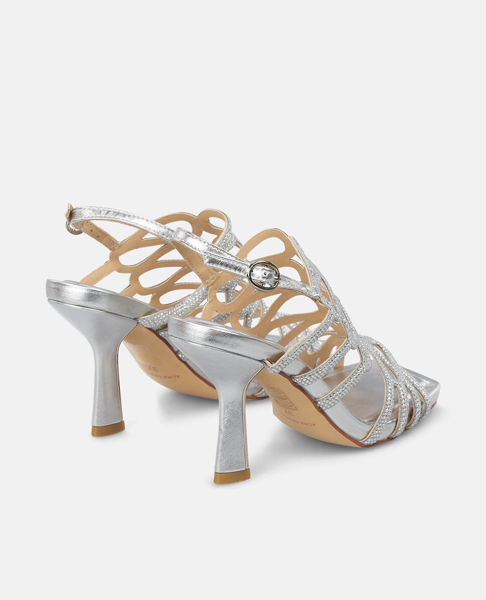 Sandálias de Salto com Tiras Entrelaçadas de Pedraria e Biqueira Quadrada Prata-3