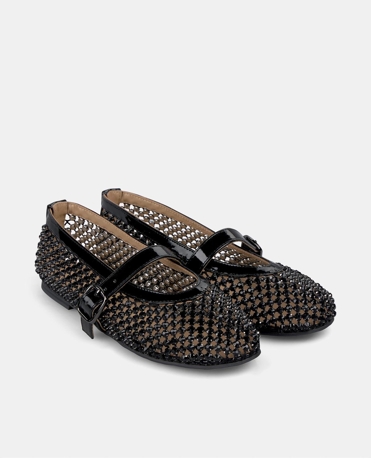 Sabrinas Rasas com Pedraria e Fecho de Fivela Preto-2