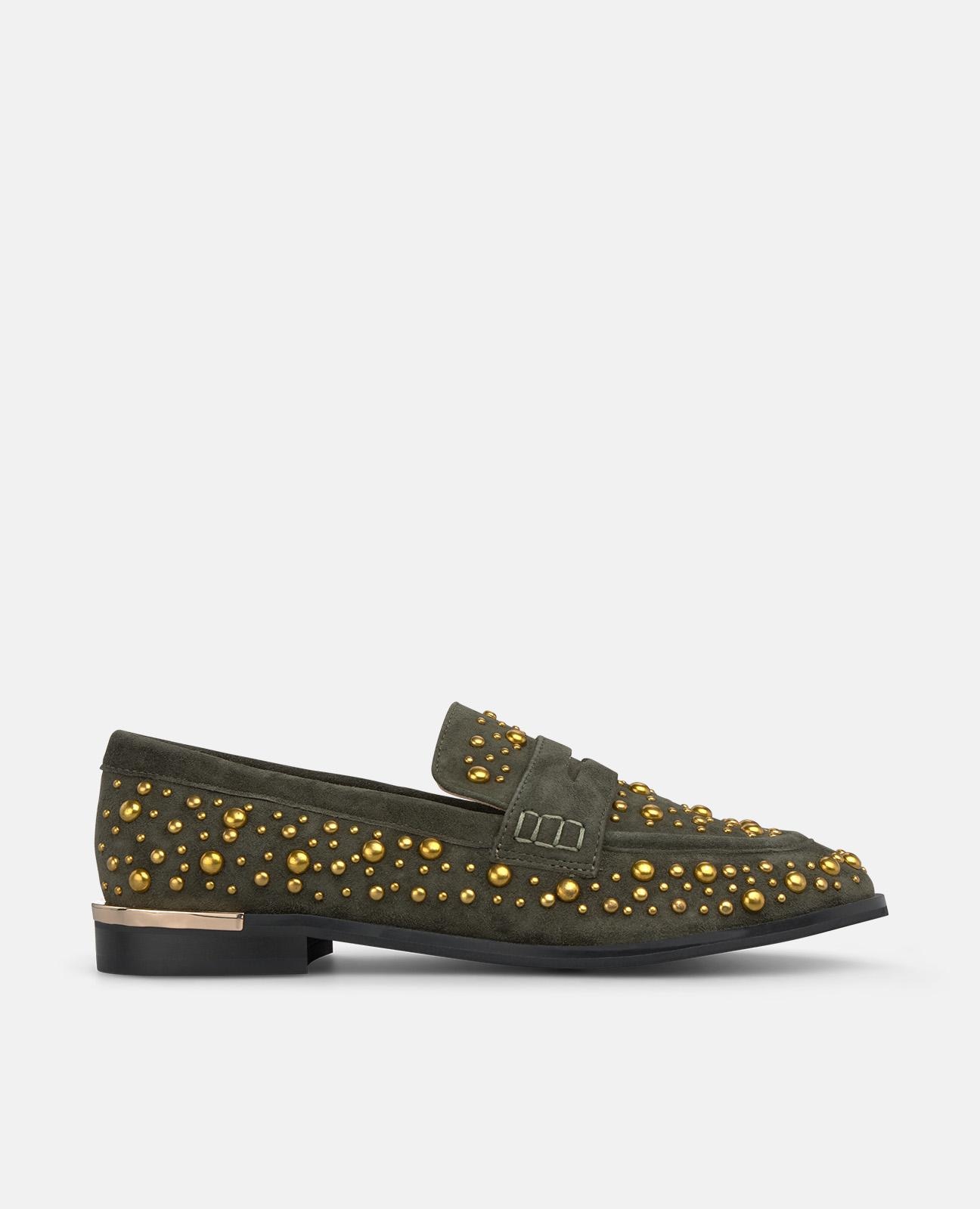 Mocassins Rasos em Pele com Tachas de Pedraria Caqui-1