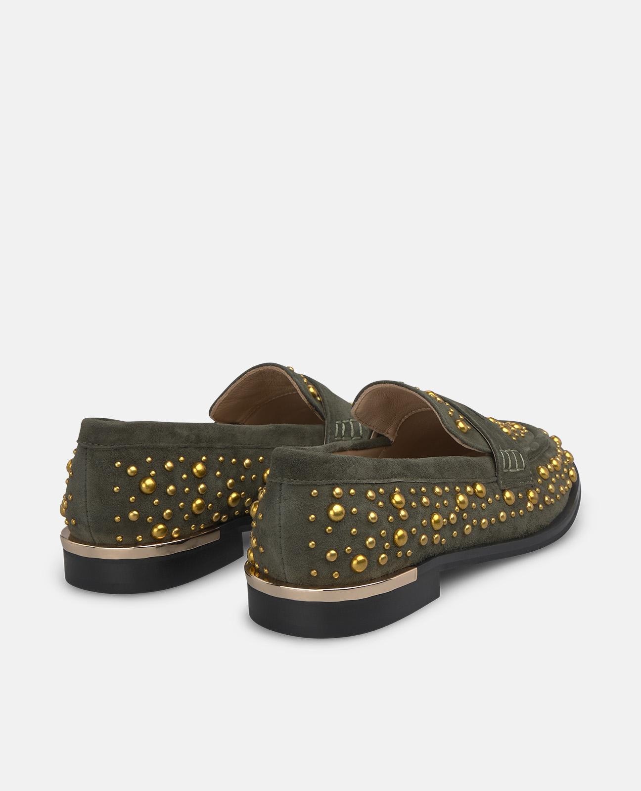 Mocassins Rasos em Pele com Tachas de Pedraria Caqui-3