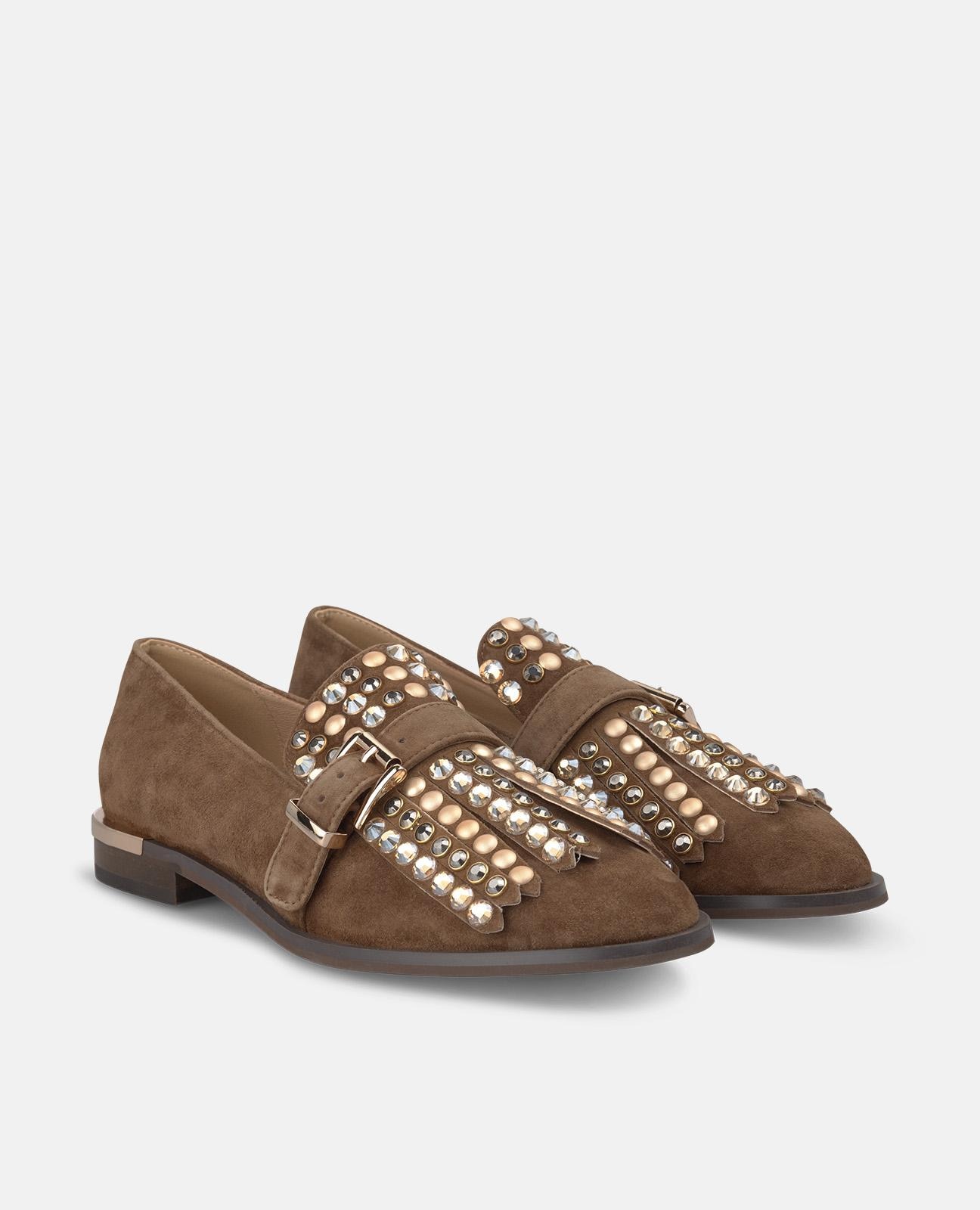 Mocassins Rasos com Detalhe de Tachas e Fivela Metalizada Castanho-2