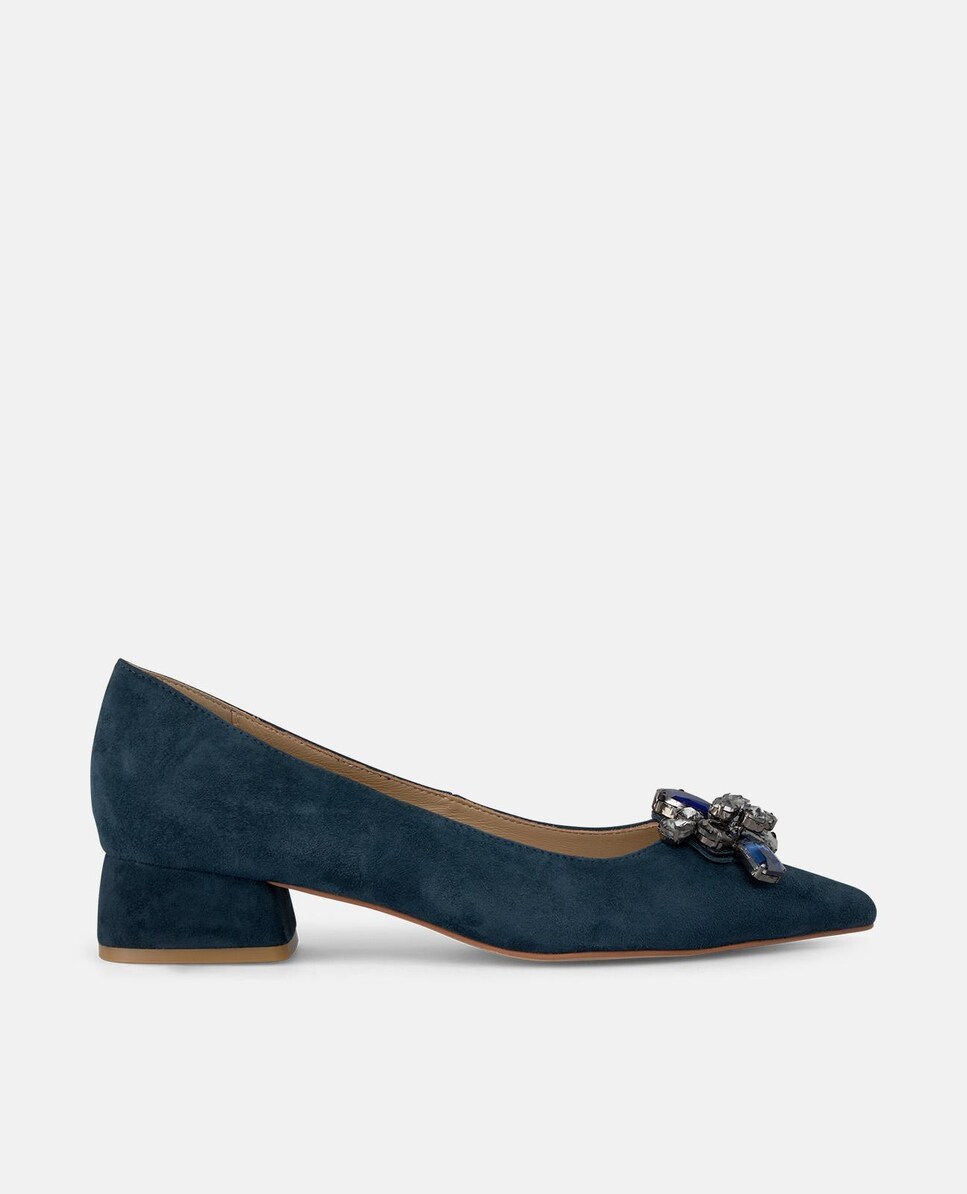 Sapatos Rasos com Broche Joia na Biqueira sem Fecho Azul-marinho-1