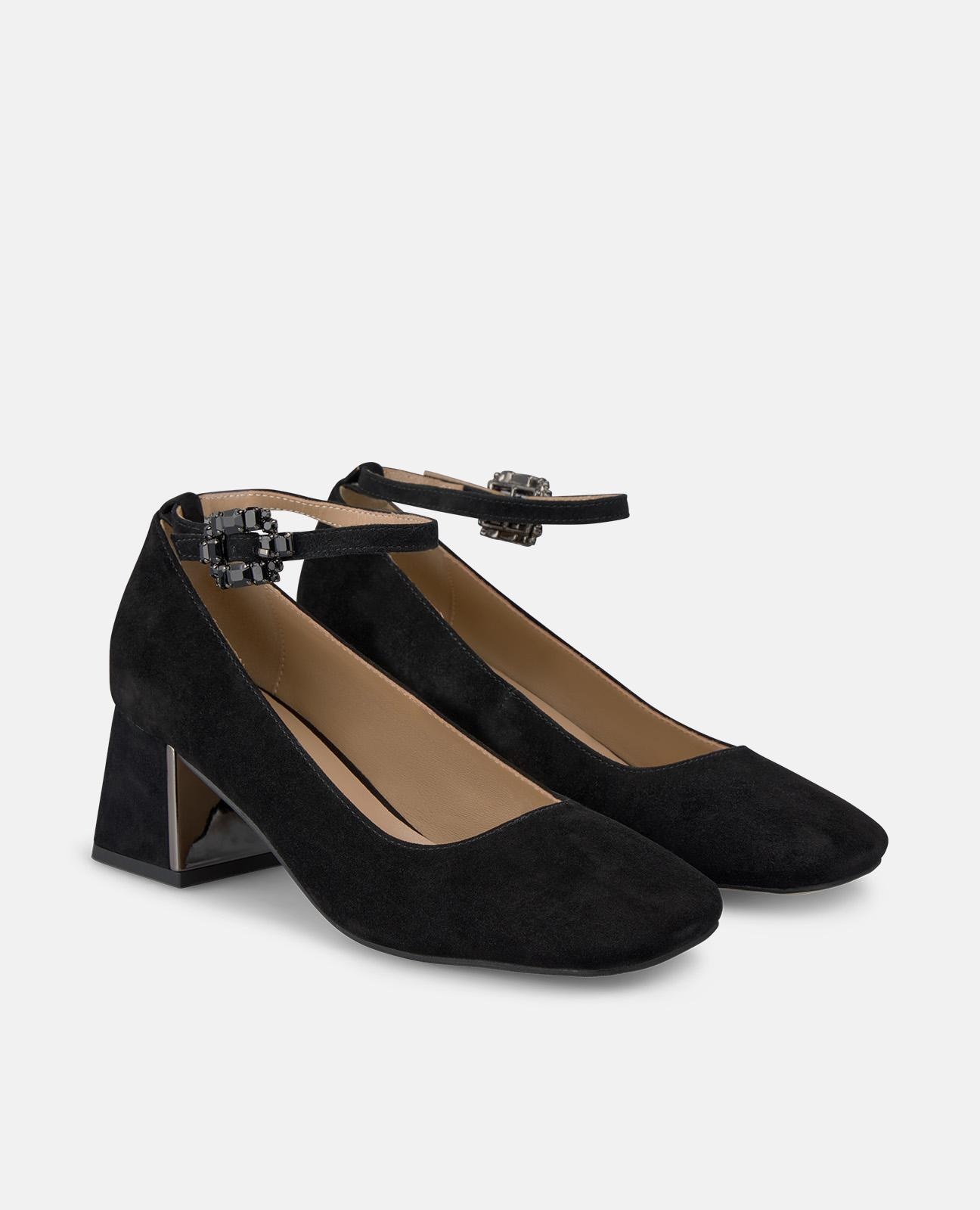 Sapatos de Salto com Fivela Joia e Biqueira Quadrada Preto-2